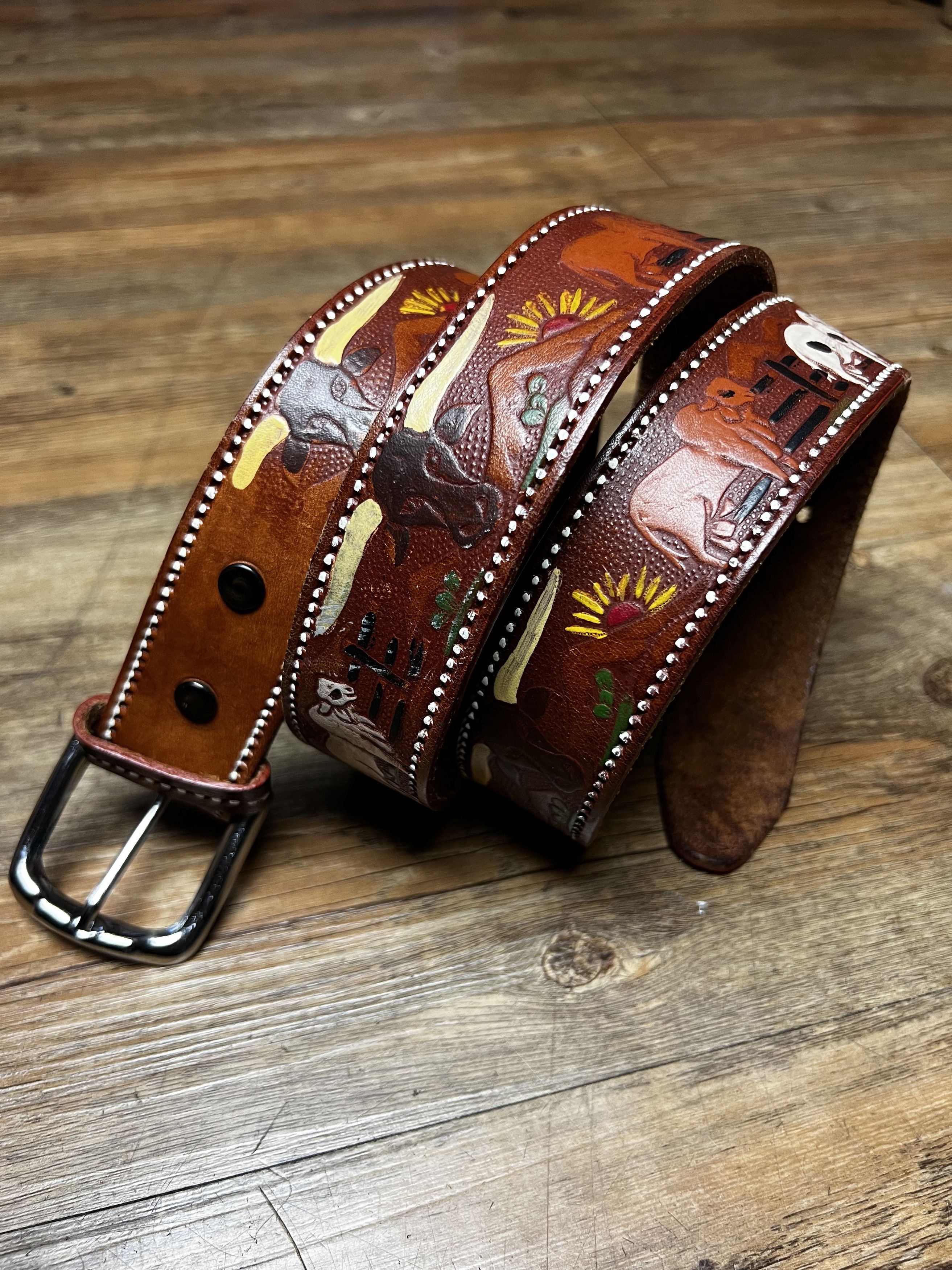 Leather Vintage 70's-80's Country Western Embossed Leather Belt Size 42 - 2 Thumbnail