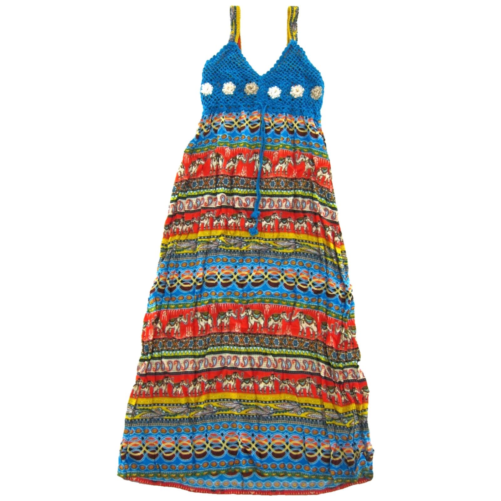 Vintage Elephant Floral Rayon Sun Dress Maxi Long Crochet Knit Tank Blue Red Yellow S-M Size S / US 4 / IT 40 - 2 Thumbnail