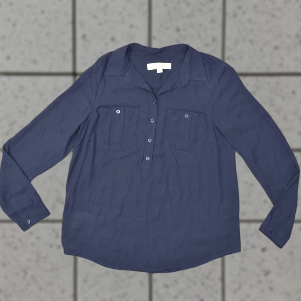 Loft LOFT Blue Polyester Blouse PS Petite Collared Solid Long Sleeve Top Women Size S / US 4 / IT 40 - 1 Thumbnail