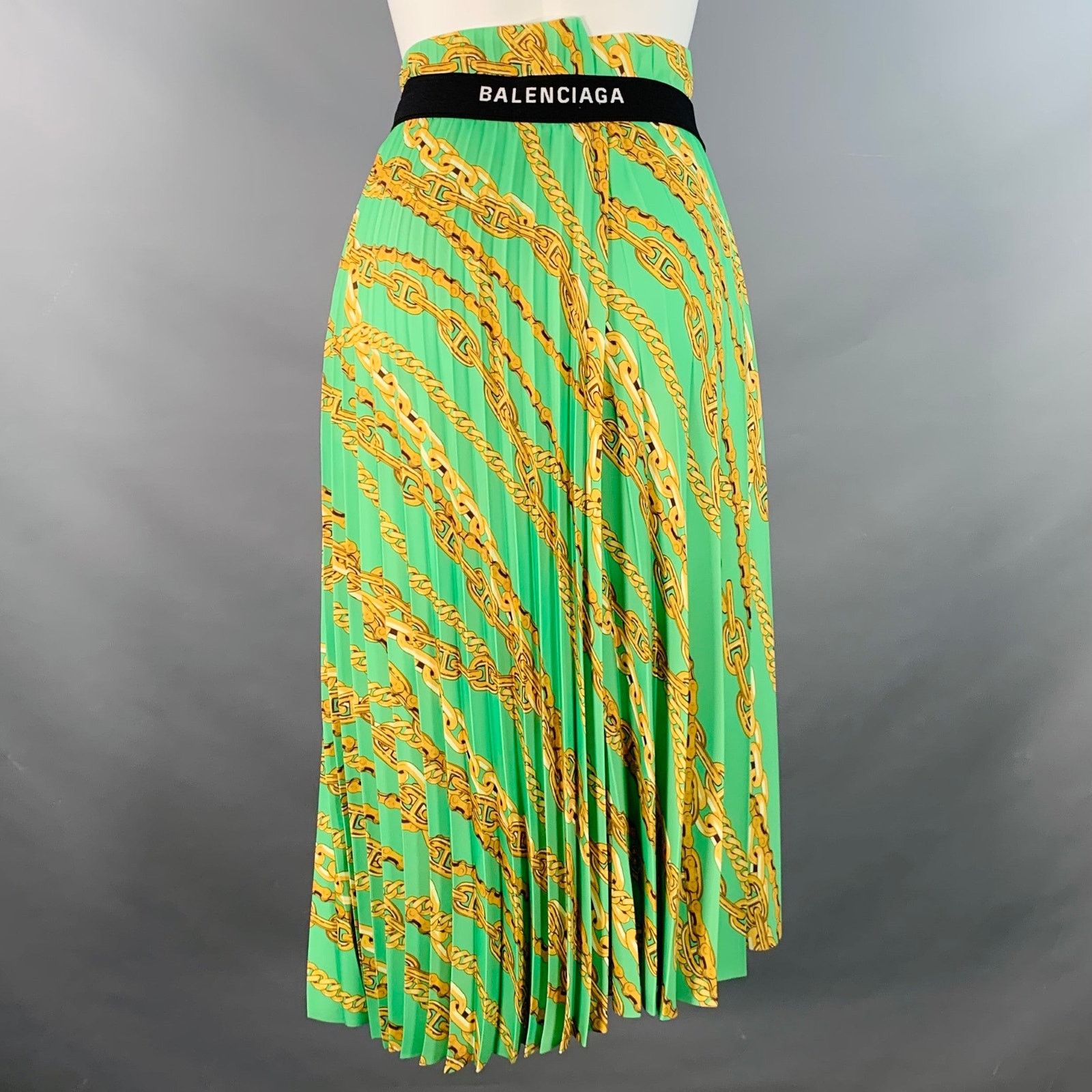 Balenciaga Size 6 Green Gold Polyester Chain Pleated Midi Skirt Size 28" / US 6 / IT 42 - 2 Thumbnail