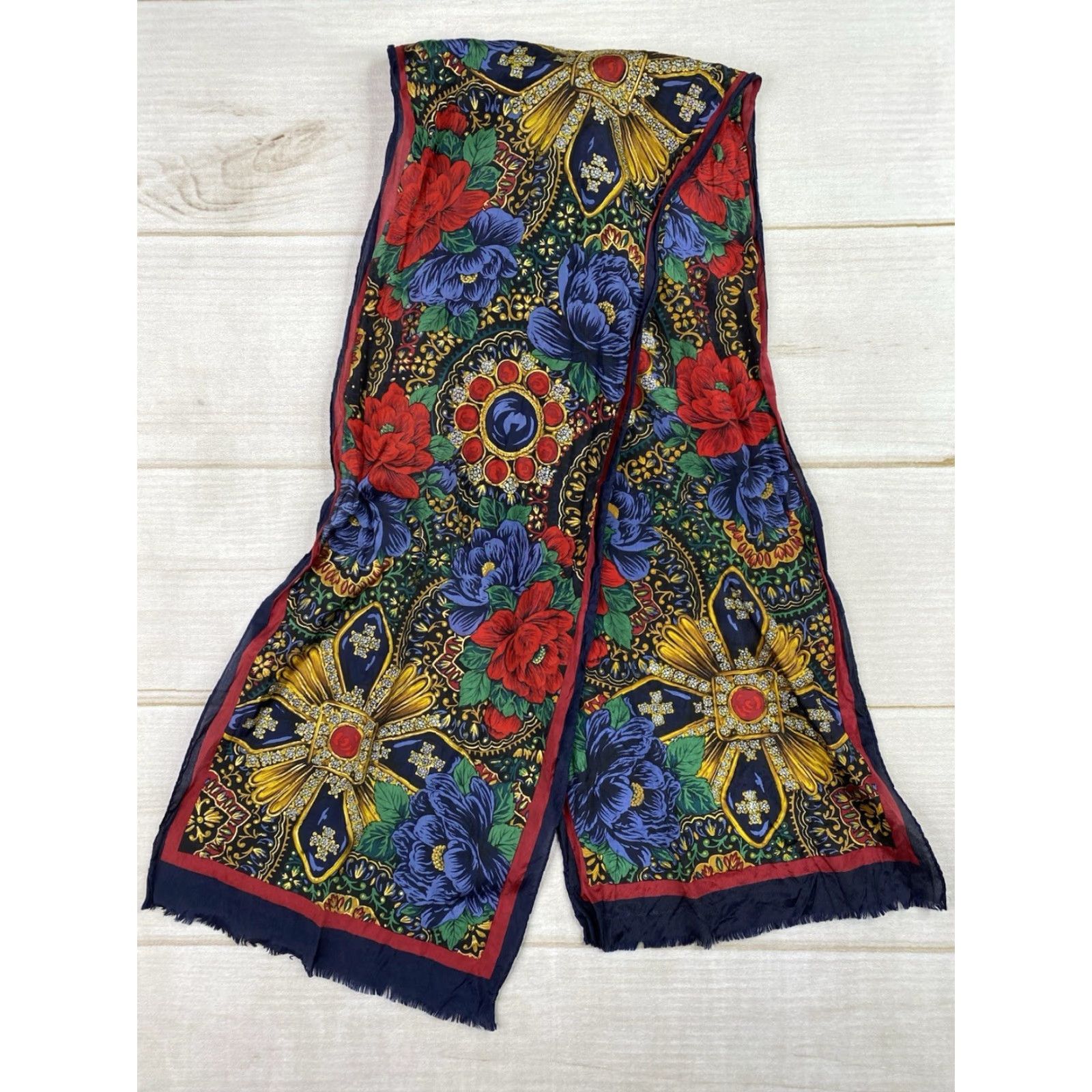 Oscar De La Renta Vtg Oscar De La Renta Silk Scarf Baroque Floral Jewel Print Fall Accessories 53” Silk Chiffon Multicolor 80s Floral Women Rectangle Scarf Size ONE SIZE - 3 Thumbnail