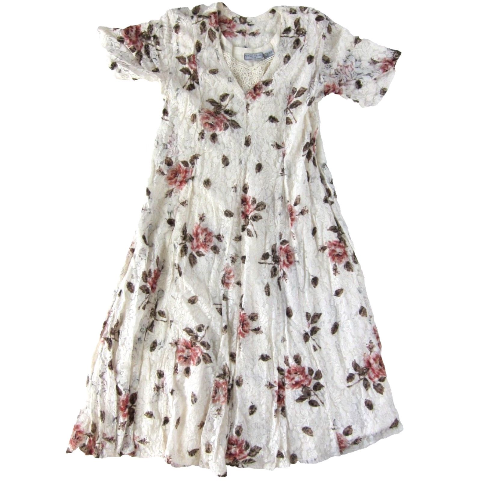 Vintage VINTAGE Starina Petite Rayon Lace Ivory Pink Rose Short Sleeve Midi Dress SP Adults? Size 28" / US 6 / IT 42 - 2 Thumbnail