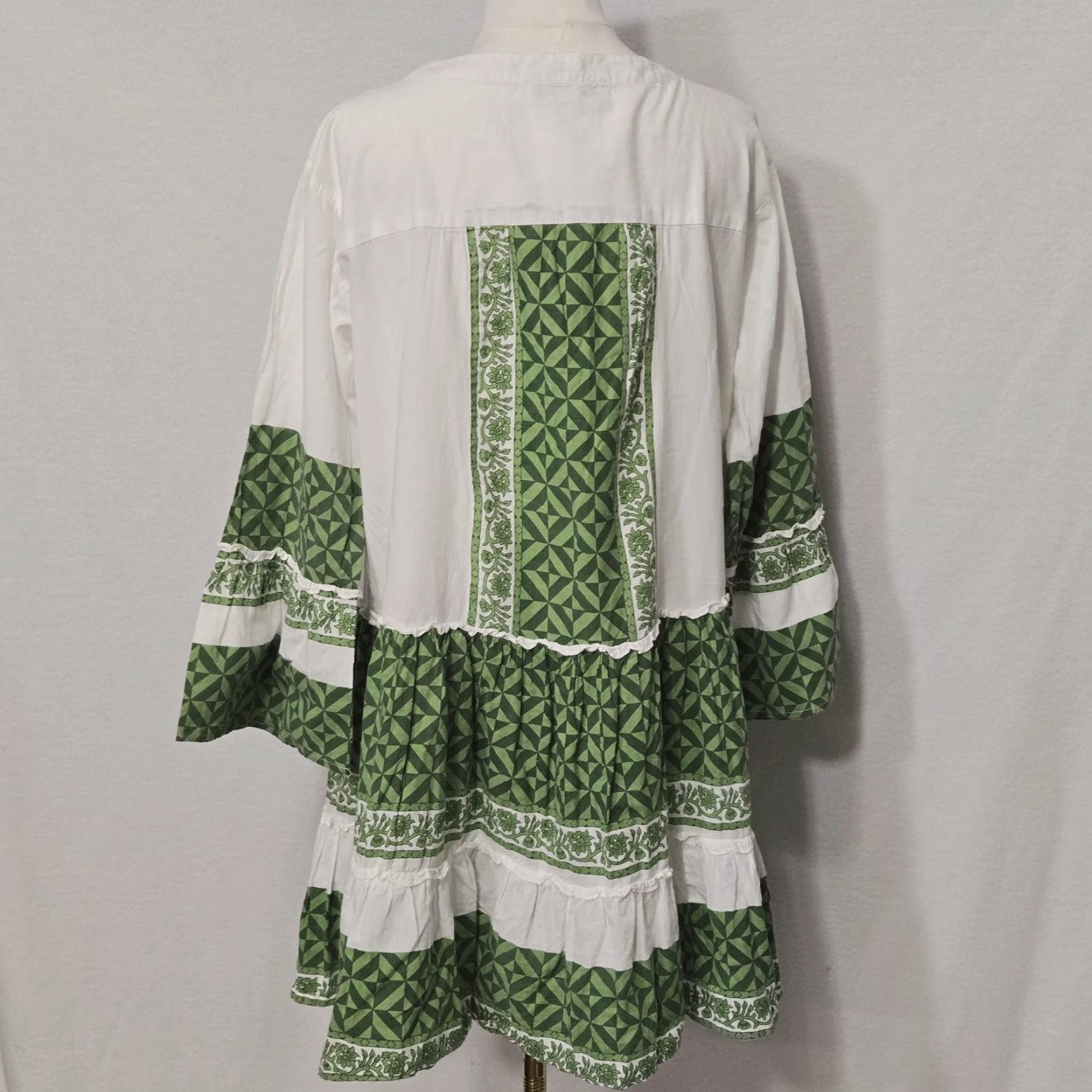 Bell Bindu Dress Womens M Short Green White Geometric Boho Bell Sleeve Swing Size M / US 6-8 / IT 42-44 - 5 Thumbnail
