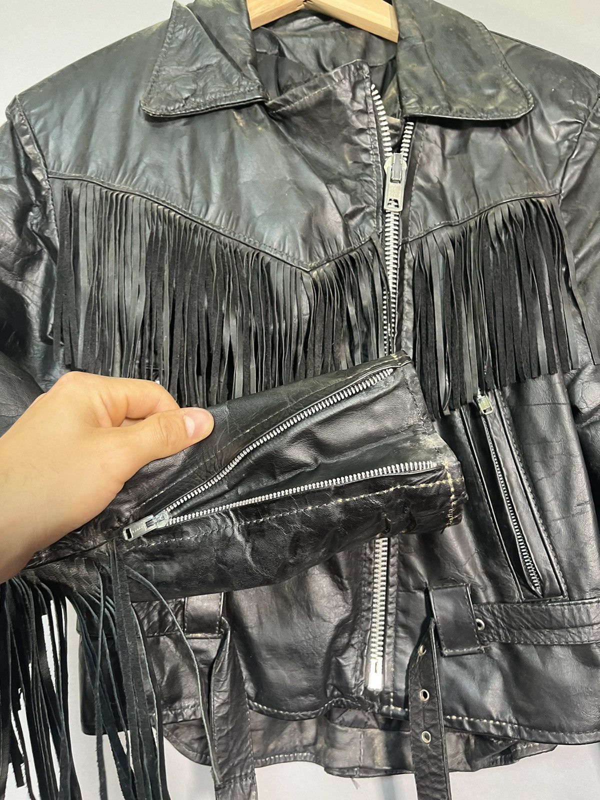 Vintage 1970s / 1980s Vintage Punk Fringe Leather Jacket Made in USA Size XL / US 12-14 / IT 48-50 - 11 Thumbnail