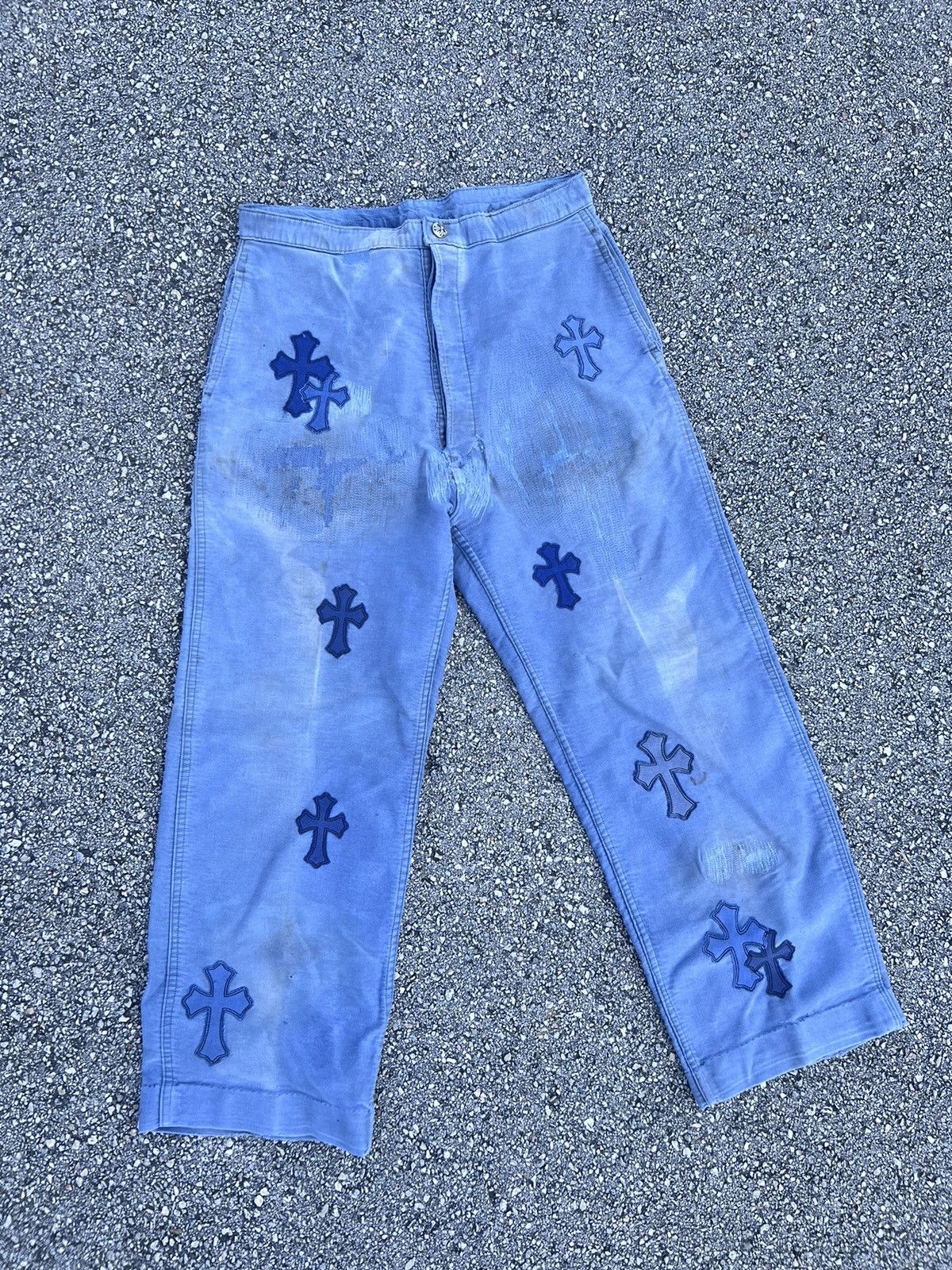 Chrome Hearts White & Blue Leather Cross Patches Jeans - SRM – SHENGLI ROAD  MARKET