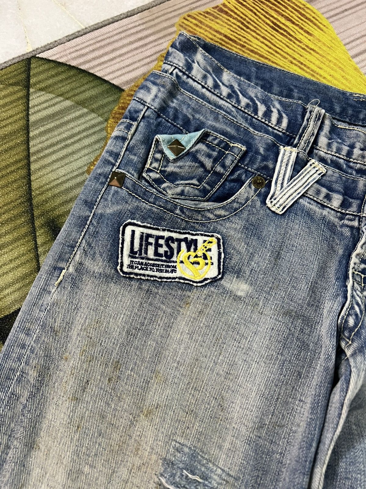 If Six Was Nine 💥Double Waist💥Japanese Unbrand Distress Patchwork Jean Size US 31 - 9 Thumbnail