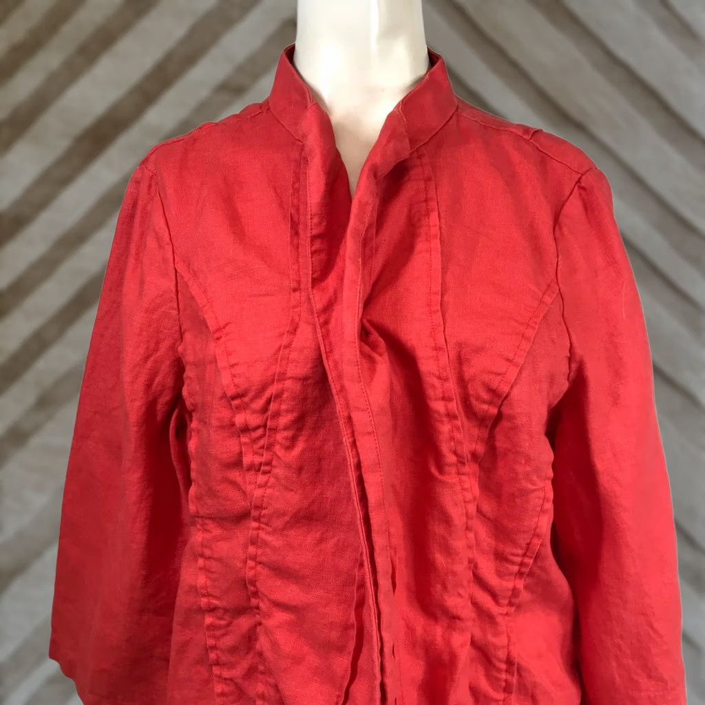 Vintage Chicos Red 100% Linen Jacket Size L Mandarin Collar Open Front Raw Edge Seam Womens Size L / US 10 / IT 46 - 1 Thumbnail