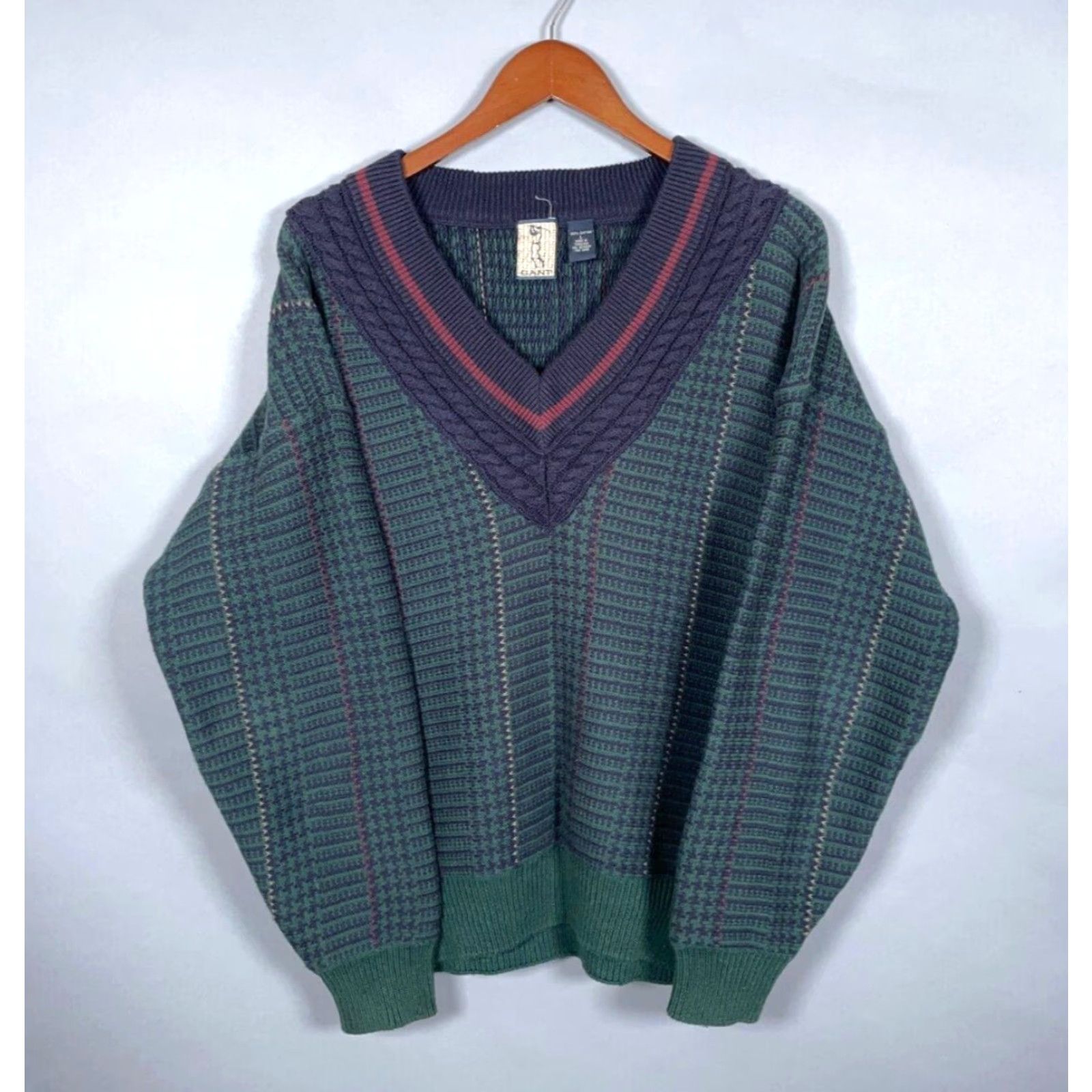 Gant GANT 90s Cotton Tennis V-Neck Sweater Mens Large Green Blue Houndstooth Check Knit Pullover Vintage Size US L / EU 52-54 / 3 - 2 Thumbnail