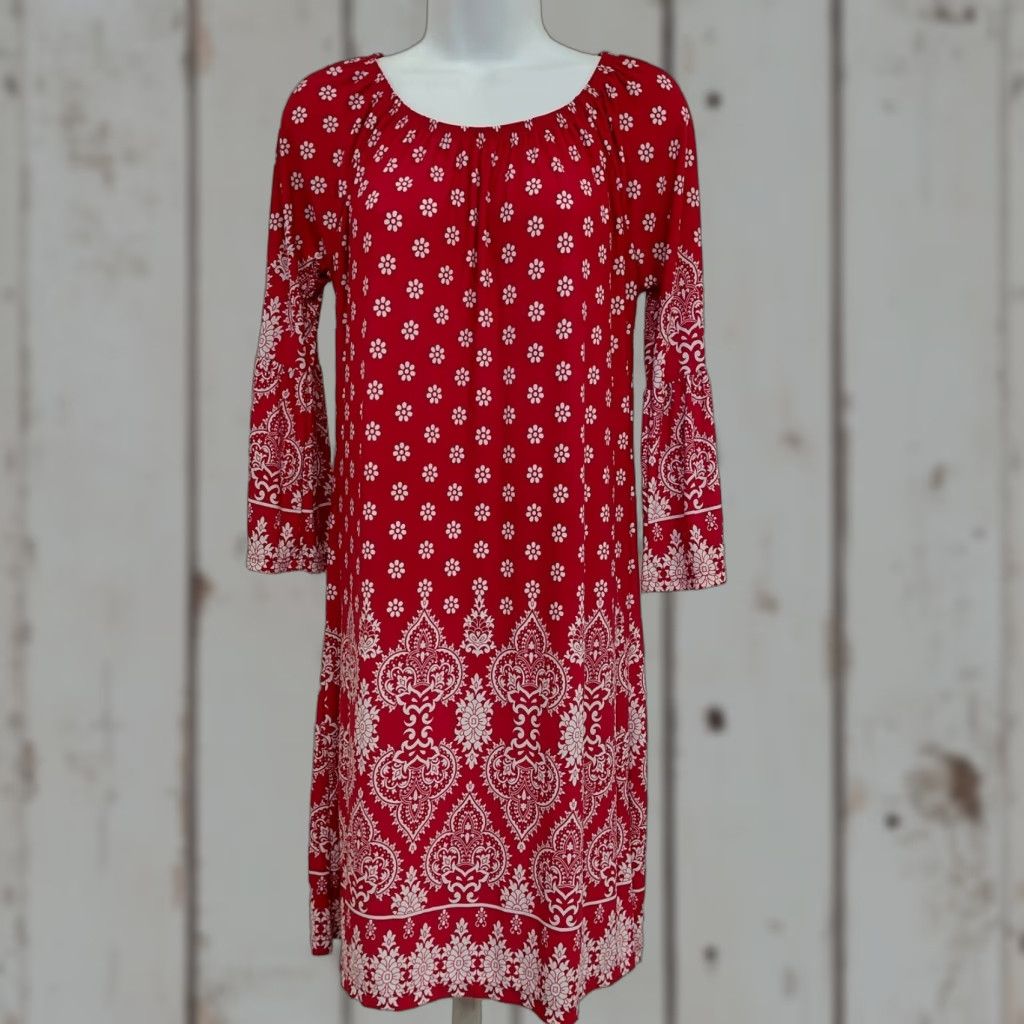 Bell R Rouge Dress Womens Medium Red/White Bohemian Printed Long Bell Sleeve Mini Dress Size M / US 6-8 / IT 42-44 - 1 Thumbnail
