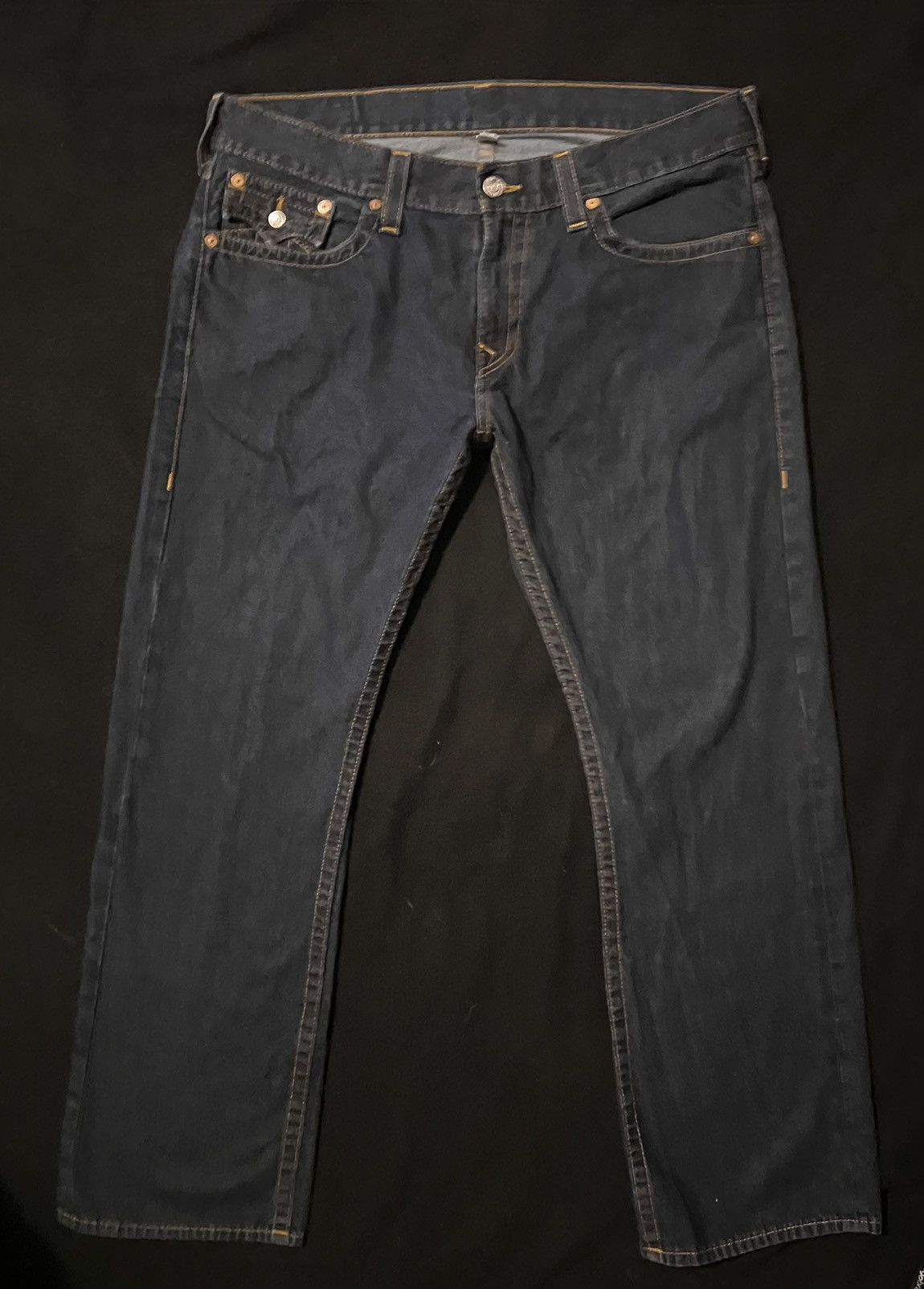 image of Avant Garde x Ed Hardy Navy True Religions With Orange Stitching in Blue, Men's (Size 38)