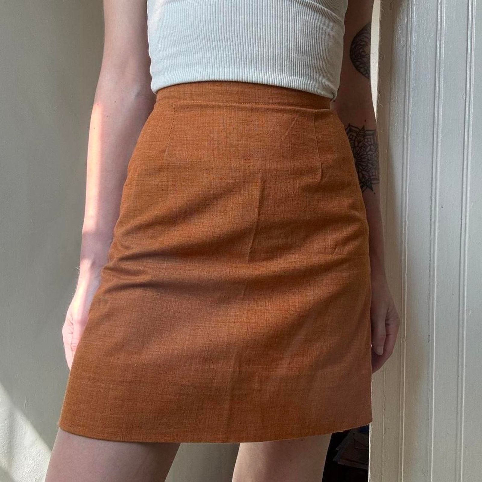 Vintage Vintage 60s Burnt Orange Mini Skirt XXS Retro Mod Preppy Size 22" - 1 Thumbnail