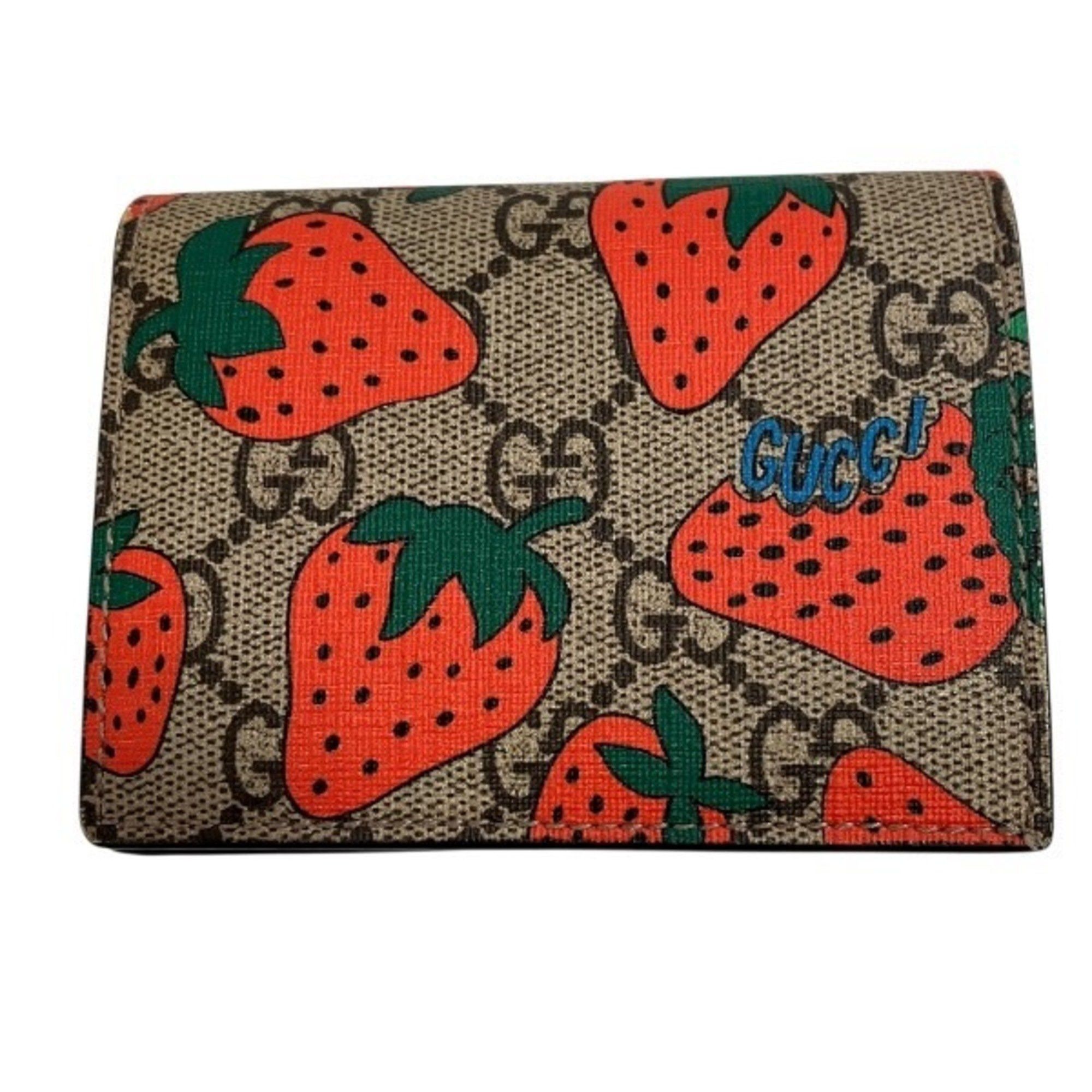 GUCCI GG Supreme Strawberry Print 573839 Bi-fold Wallet for Women