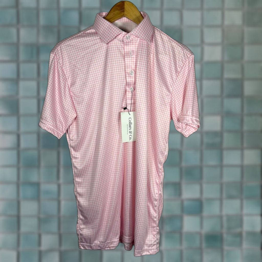 CO Collars & Co Mens Polo Shirt Dress Collar Gingham Pink Medium Performance Short Sleeve Size 40R - 1 Thumbnail