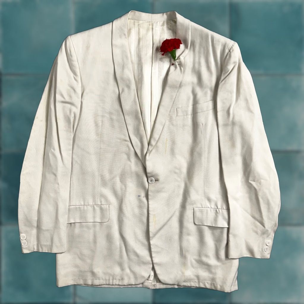 VTG Dick Reeders Jacket Coat 42 USA White 1970s 60s 70s Rockabilly Mens Slim Fit Vintage Coat Jacket Men 42 USA White Rose Pattern