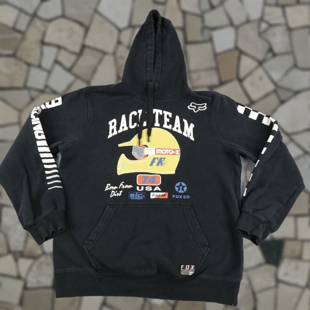 VINTAGE Fox Hoodie Mens Small Black White Racing Team Sweatshirt Pullover Motocross