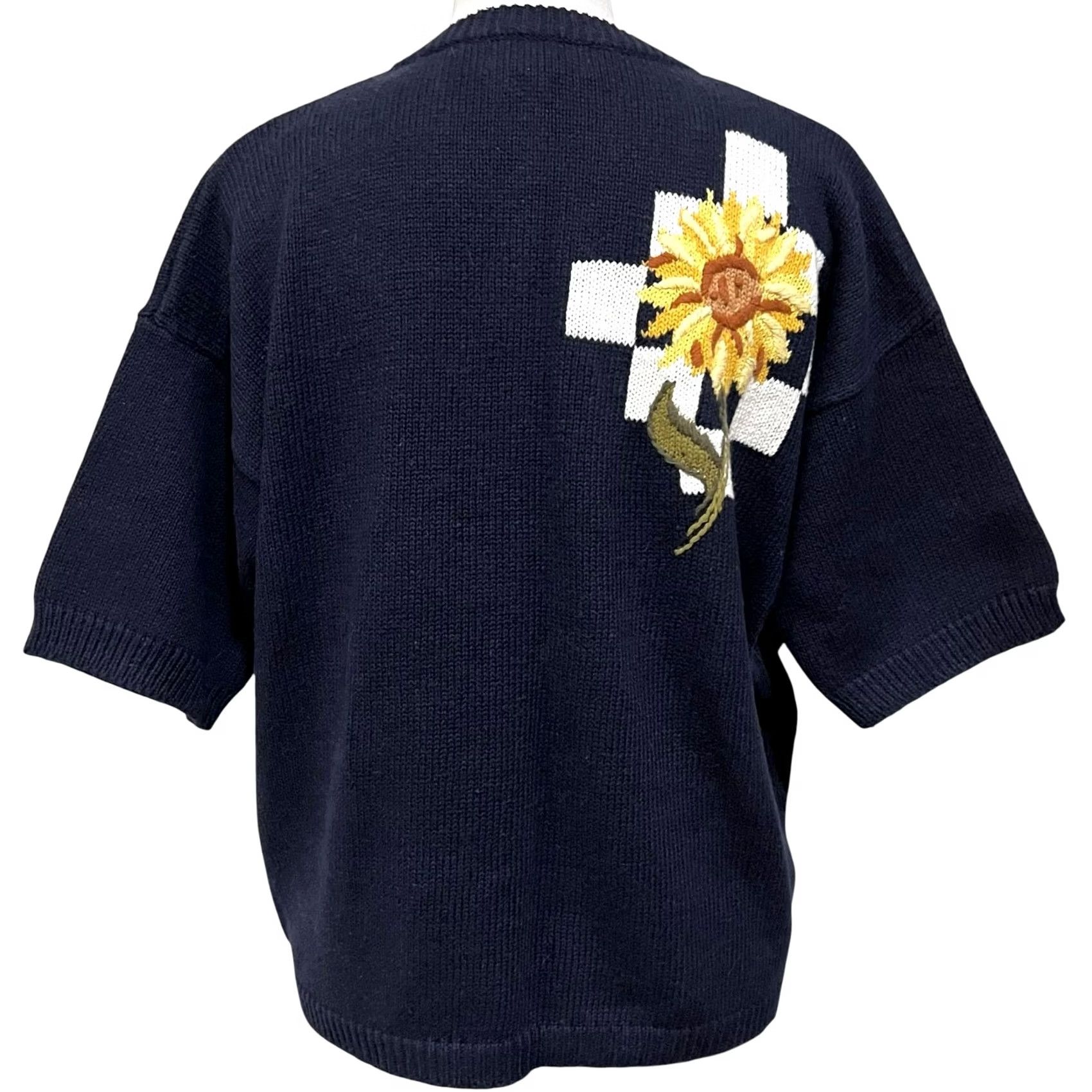 LE CIEL BLEU VINTAGE Sunflowers Navy Blue Gold Buttons Cardigan Sweater 90s Women’s Large L Crew Neck Floral Short Sleeve Size L / US 10 / IT 46 - 3 Thumbnail