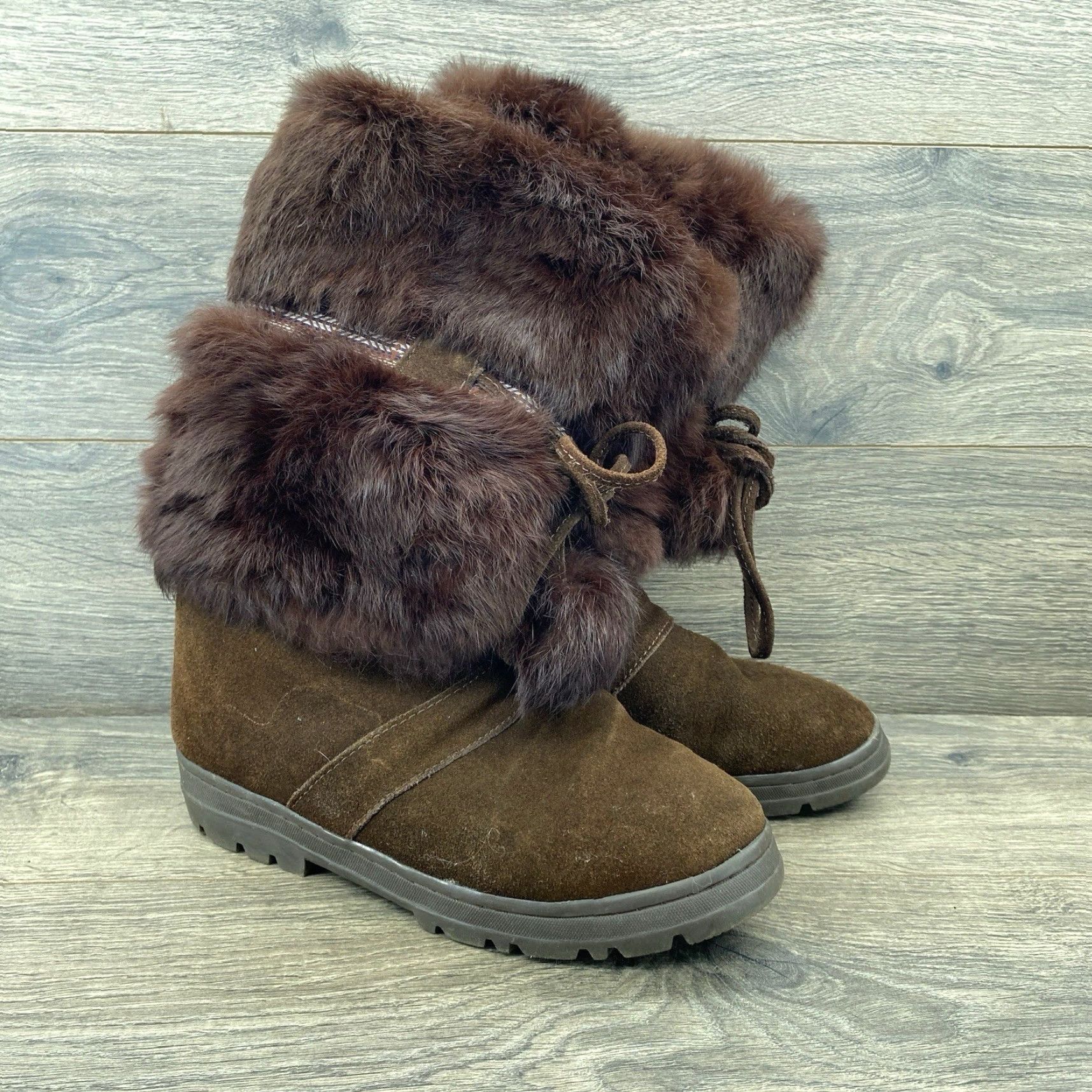 VINTAGE Minnetonka Women's Boot Brown Faux Fur Suede Bootie Size 8 Mid-Calf Warm Cozy Boots Womens