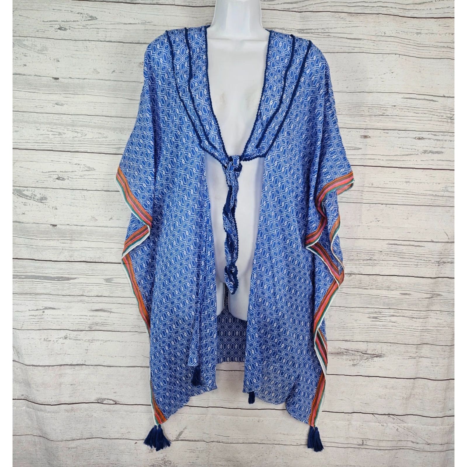 Vintage **Blue One Size Women's Raj Coverup Cotton** User: Blue One Size Women's Raj Coverup Cotton White Tie Front Tassels Cotton Size ONE SIZE - 2 Thumbnail