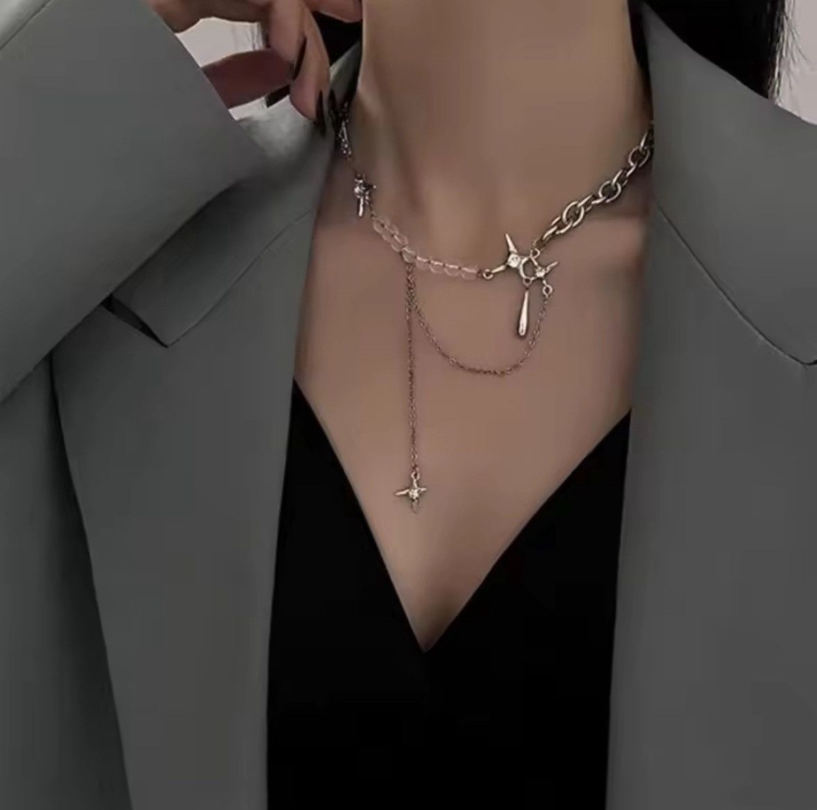 Other Silver Color Stars Water Drop Chains Transparent Beaded Size ONE SIZE - 3 Thumbnail