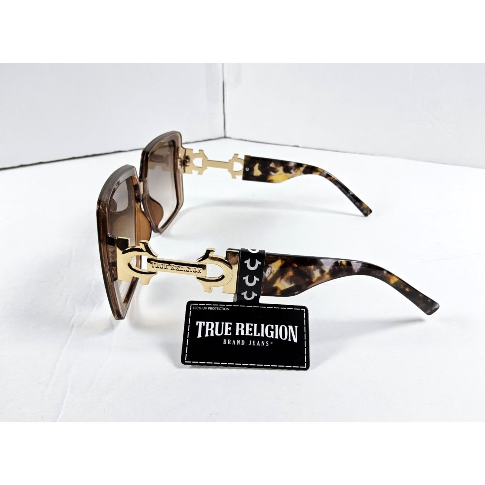 True Religion True Religion Sunglasses Oversized Square Gold Logo UV Protection Brown Plastic Womens 100% UVA Sunshade" Size ONE SIZE - 4 Thumbnail