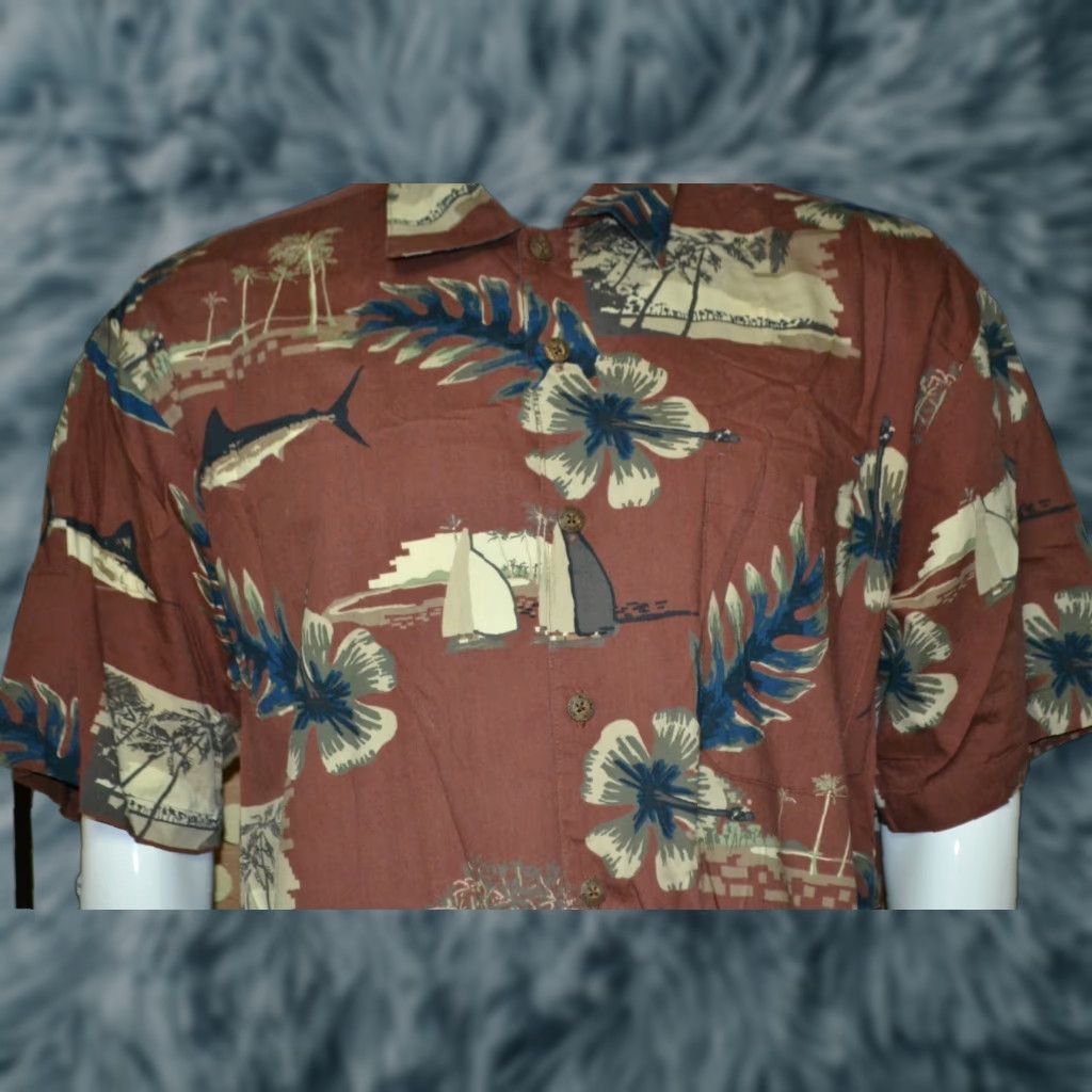 Vintage AFTCO Button-Up Shirt Mens XL Brown Island Hibiscus Fishing Aloha Hawaiian Beach Short Sleeve Cotton Blend Rayon Vintage: No Size US XL / EU 56 / 4 - 1 Thumbnail