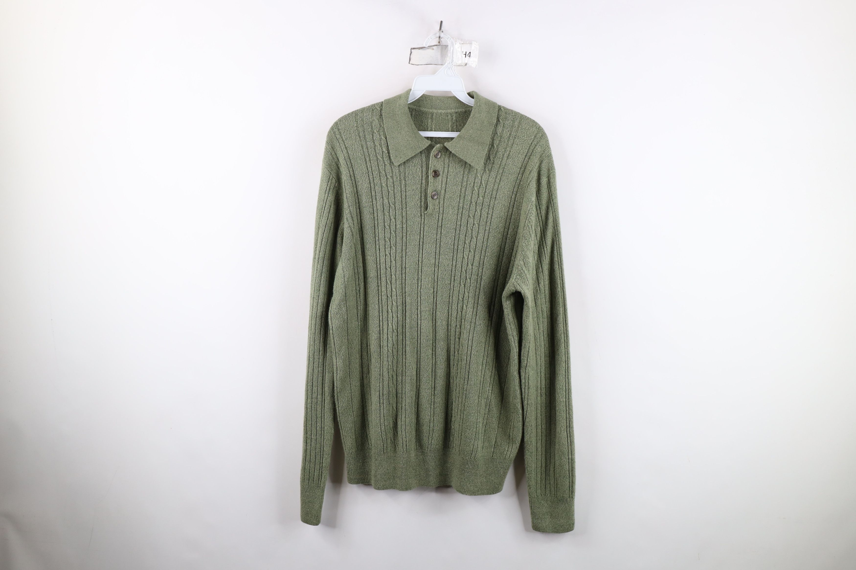 Vintage Vintage 90s Streetwear Cable Knit Collared Sweater Green Size US L / EU 52-54 / 3 - 1 Thumbnail