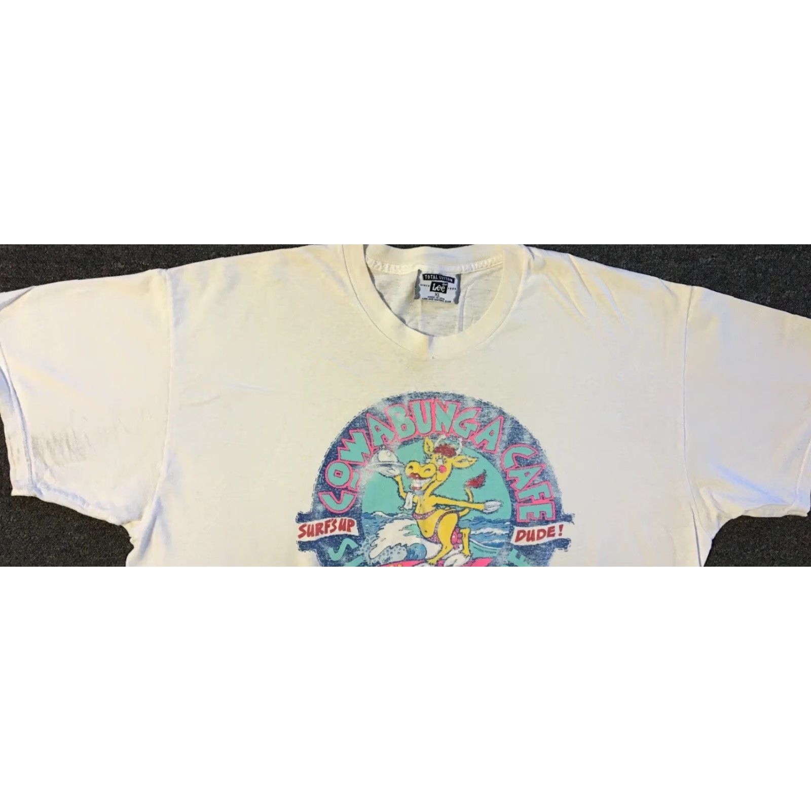 Vintage VINTAGE 90s Cowabunga Cafe Faded Distress Shirt XL White Harley Davidson Santa Cruz Graphic Tee Mens Size US XL / EU 56 / 4 - 5 Thumbnail