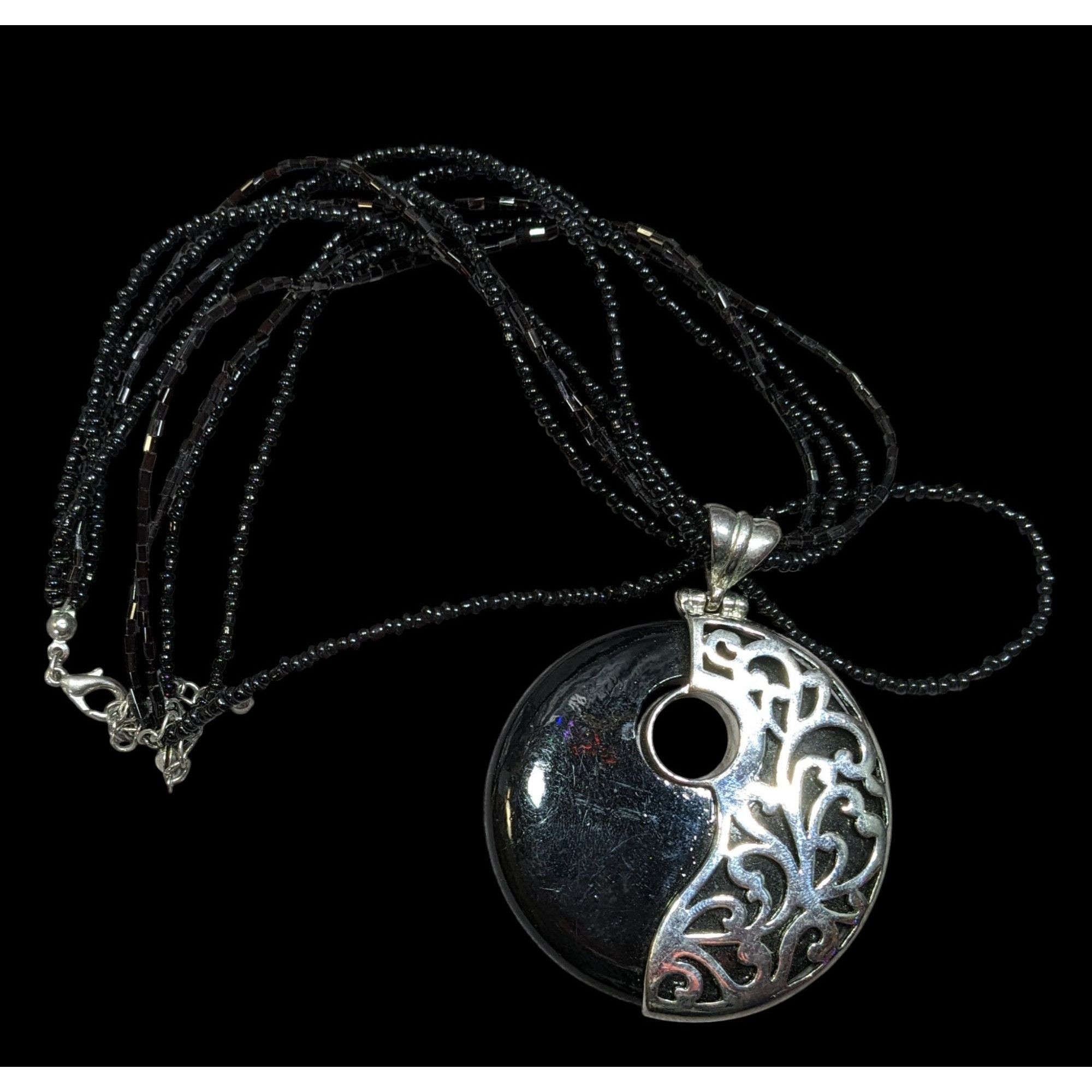 Other Floral Overlay Black And Silver Tone Pendant Necklace With B Size ONE SIZE - 1 Thumbnail