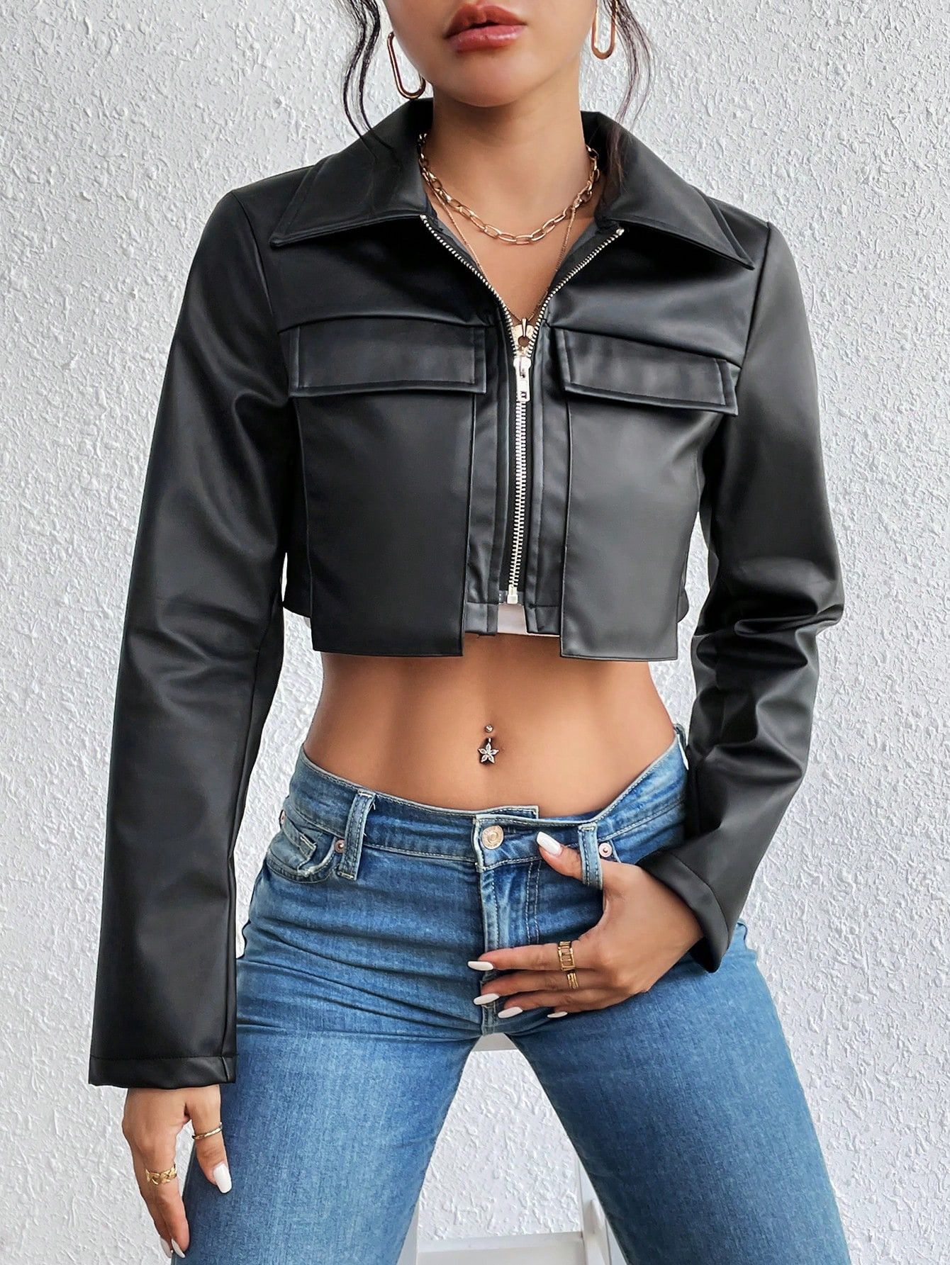 Other Women Black Cowhide Leather Cropped Jacket 🖤 Size S / US 4 / IT 40 - 3 Thumbnail