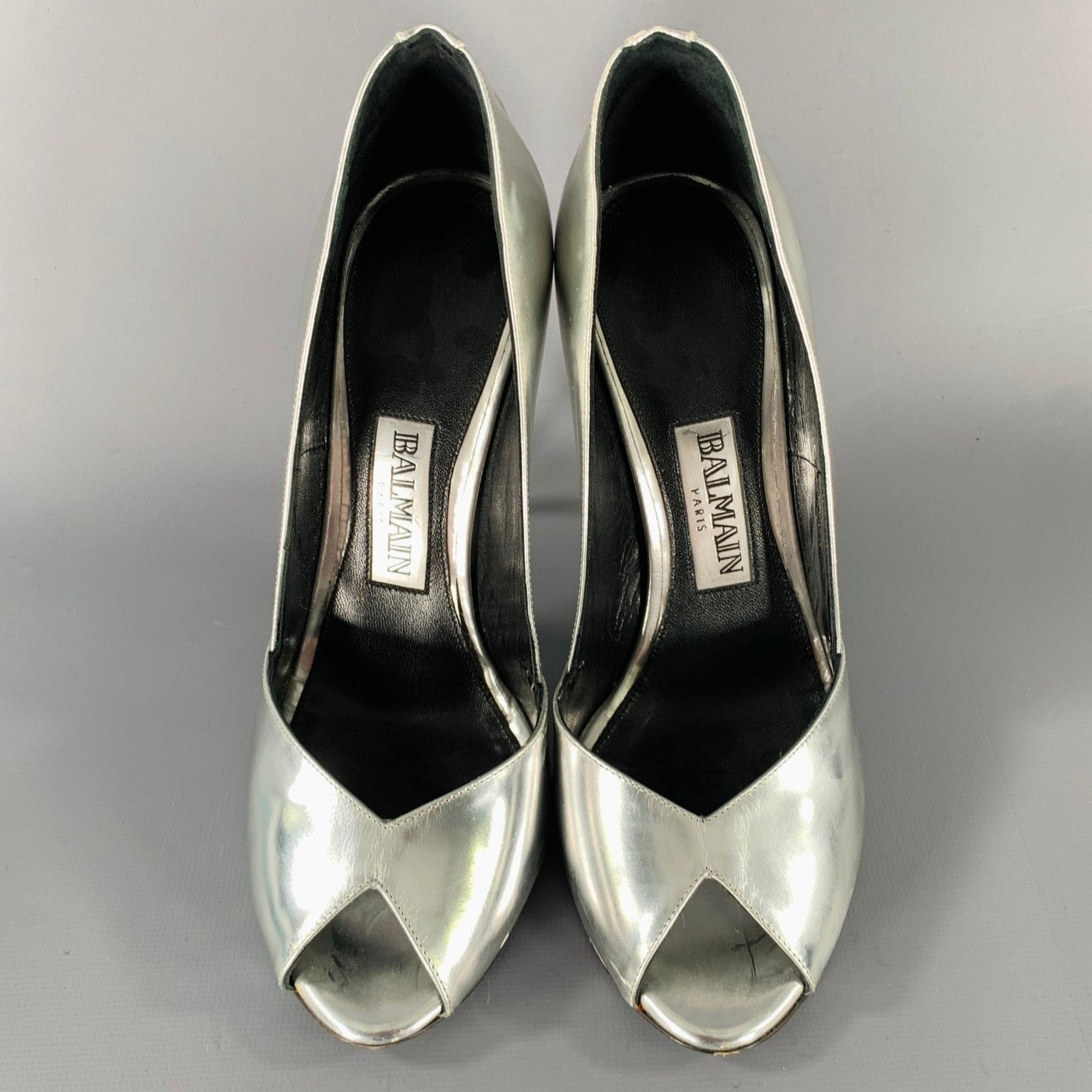 Balmain BALMAIN Size 6 Silver Patent Leather Peep Toe Heels Pumps Size US 6 / IT 36 - 4 Thumbnail