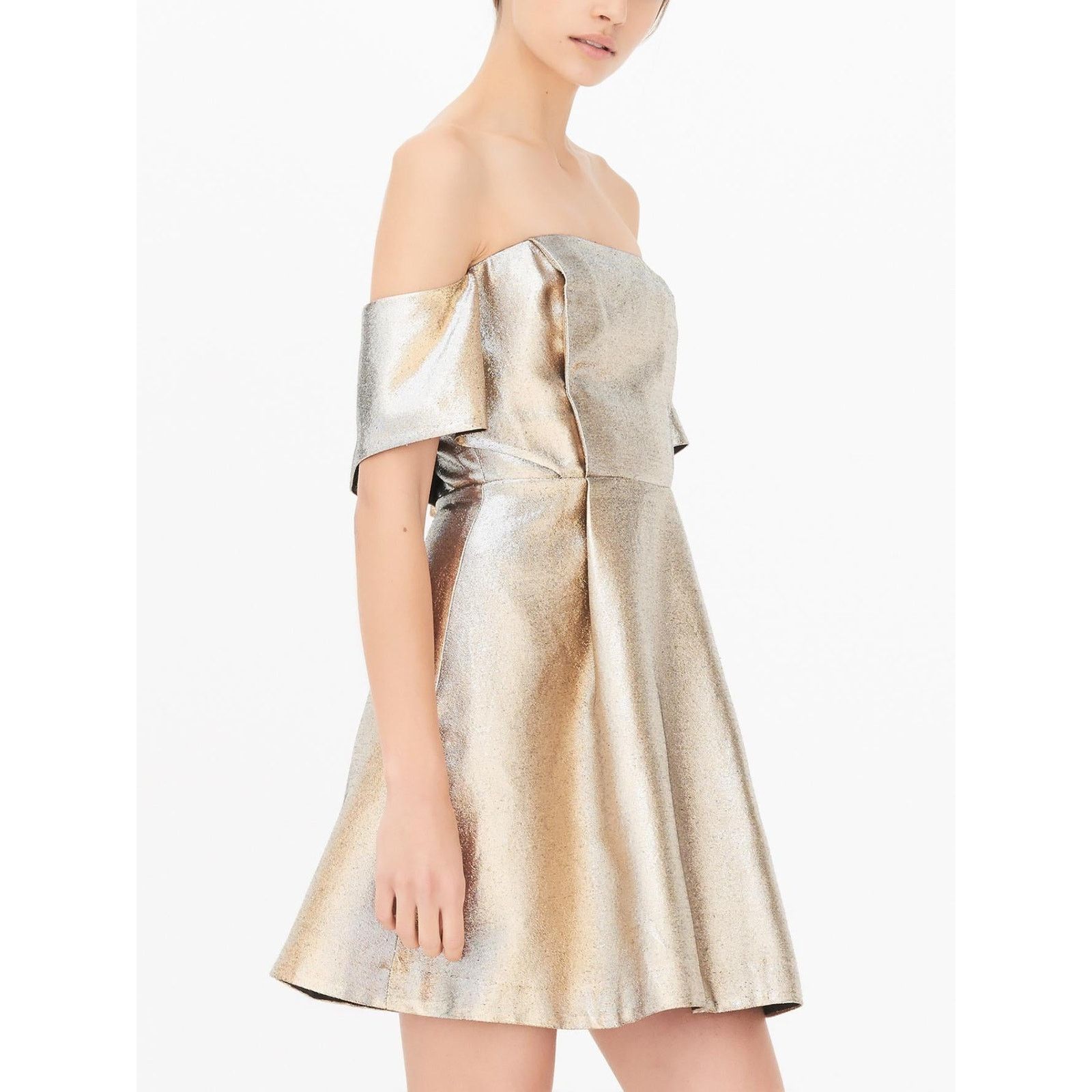 Sandro Sandro Metallic Off-the-Shoulder A-line Mini Dress - Gold Size L / US 10 / IT 46 - 2 Thumbnail