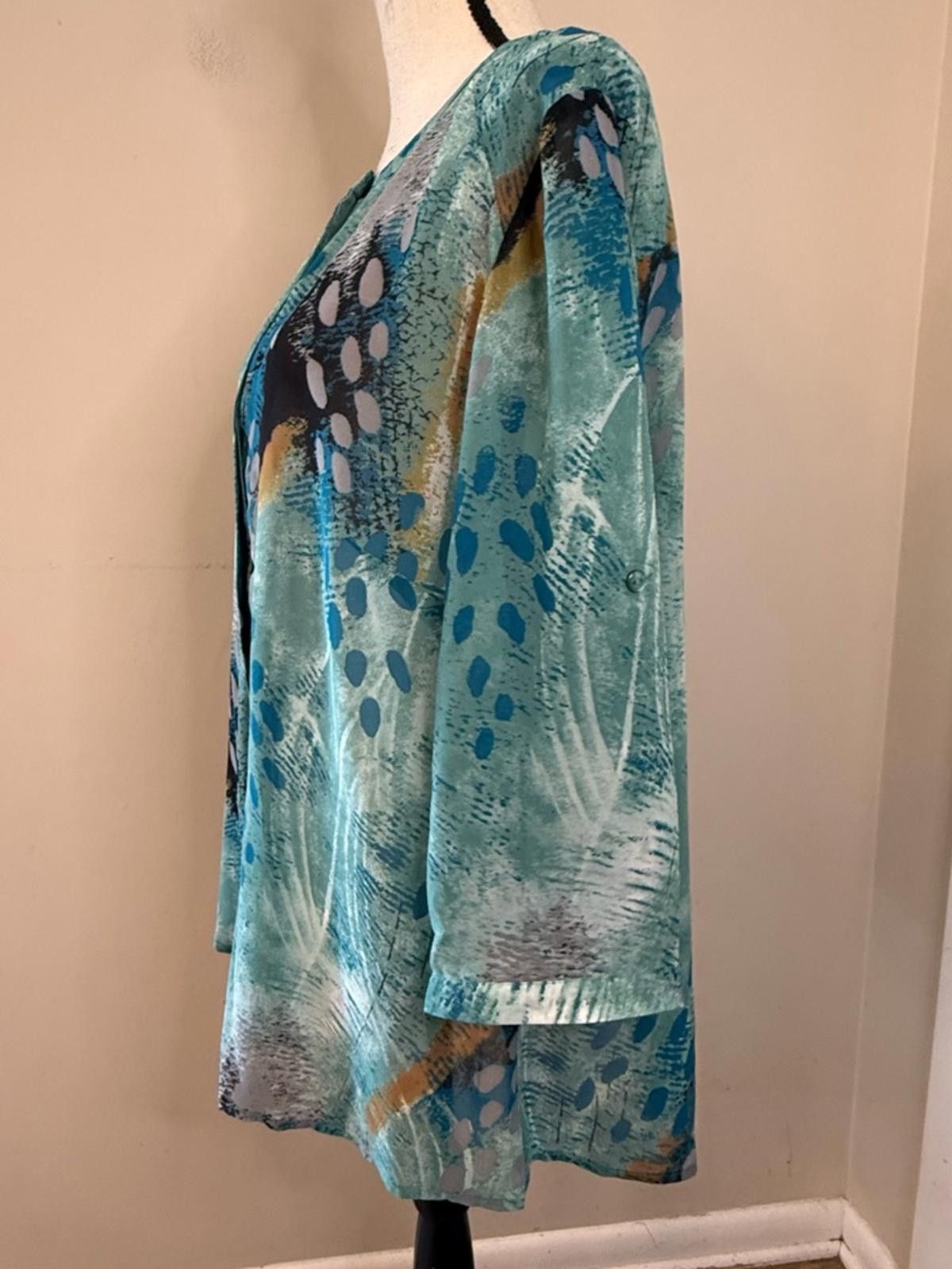 Ambrosi Studio Ambrosia semi sheer long sleeves top peacock colors SZ 14 Size XL / US 12-14 / IT 48-50 - 3 Thumbnail