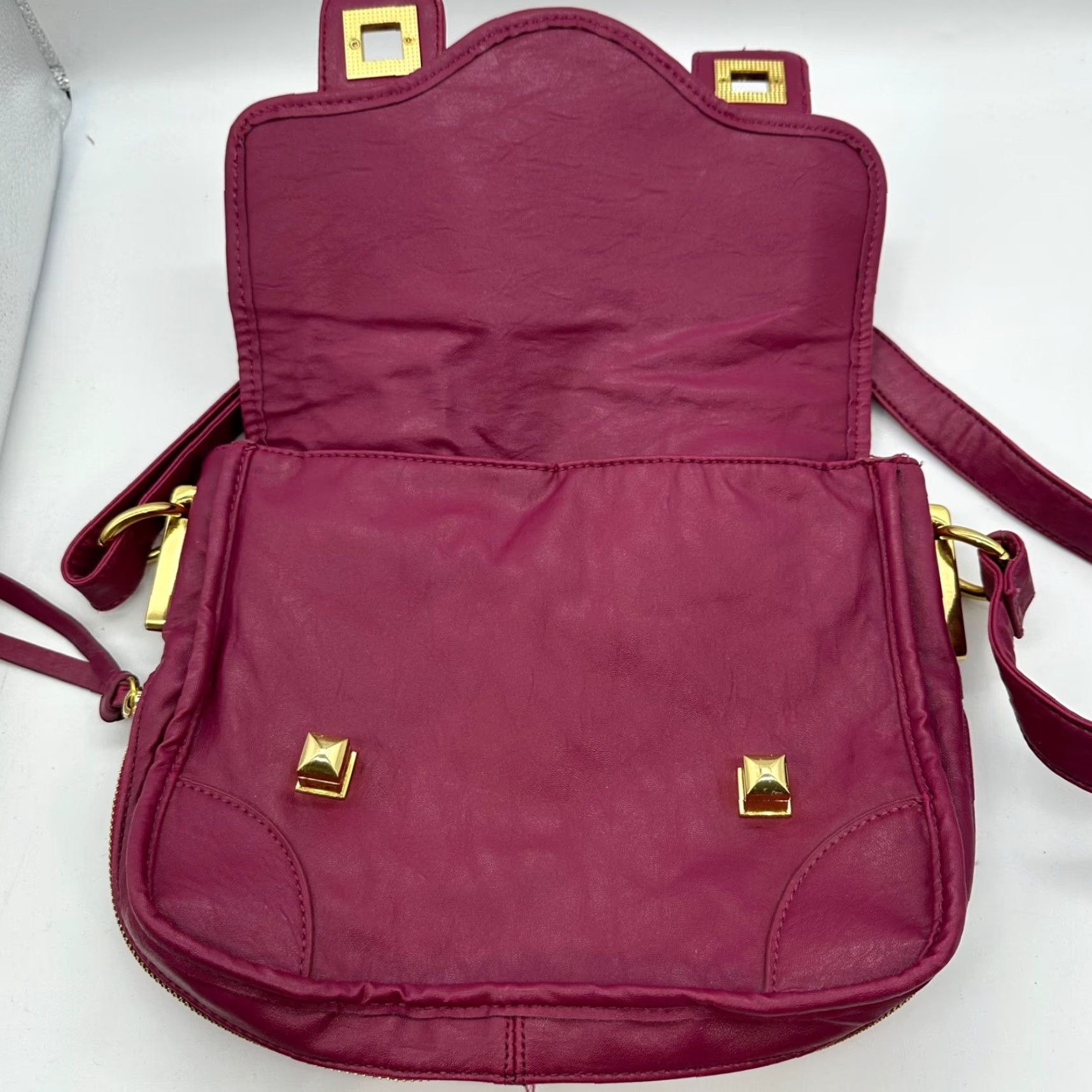 Vintage RJ Womens Crossbody Bag Purse Pink Magenta Gold Laced Faux Leather Fold Over Crossbody Size ONE SIZE - 6 Thumbnail