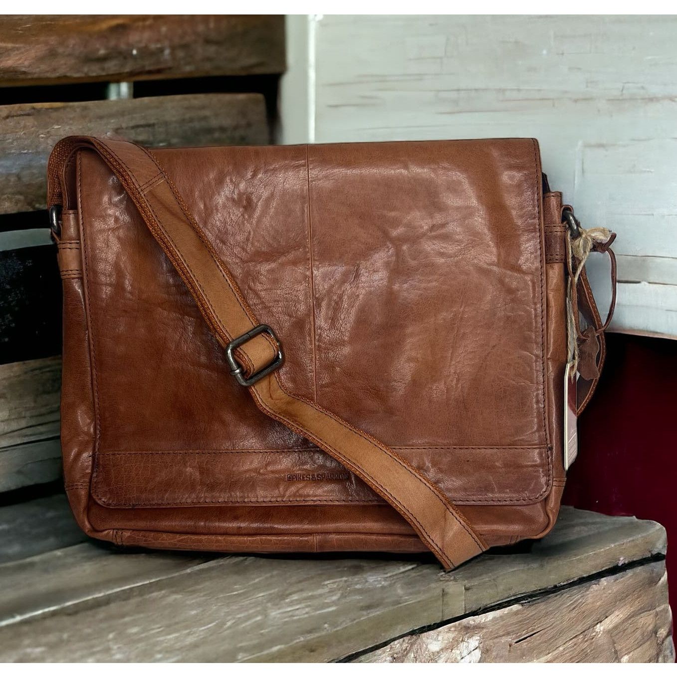 image of Vintage Spikes & Sparrow Noah Brandy Brown Leather Messenger Bag, Men's
