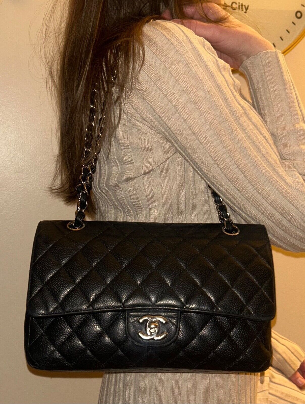 Chanel CHANEL Medium Double Flap Quilted Caviar Leather Bag Black Size ONE SIZE - 2 Thumbnail