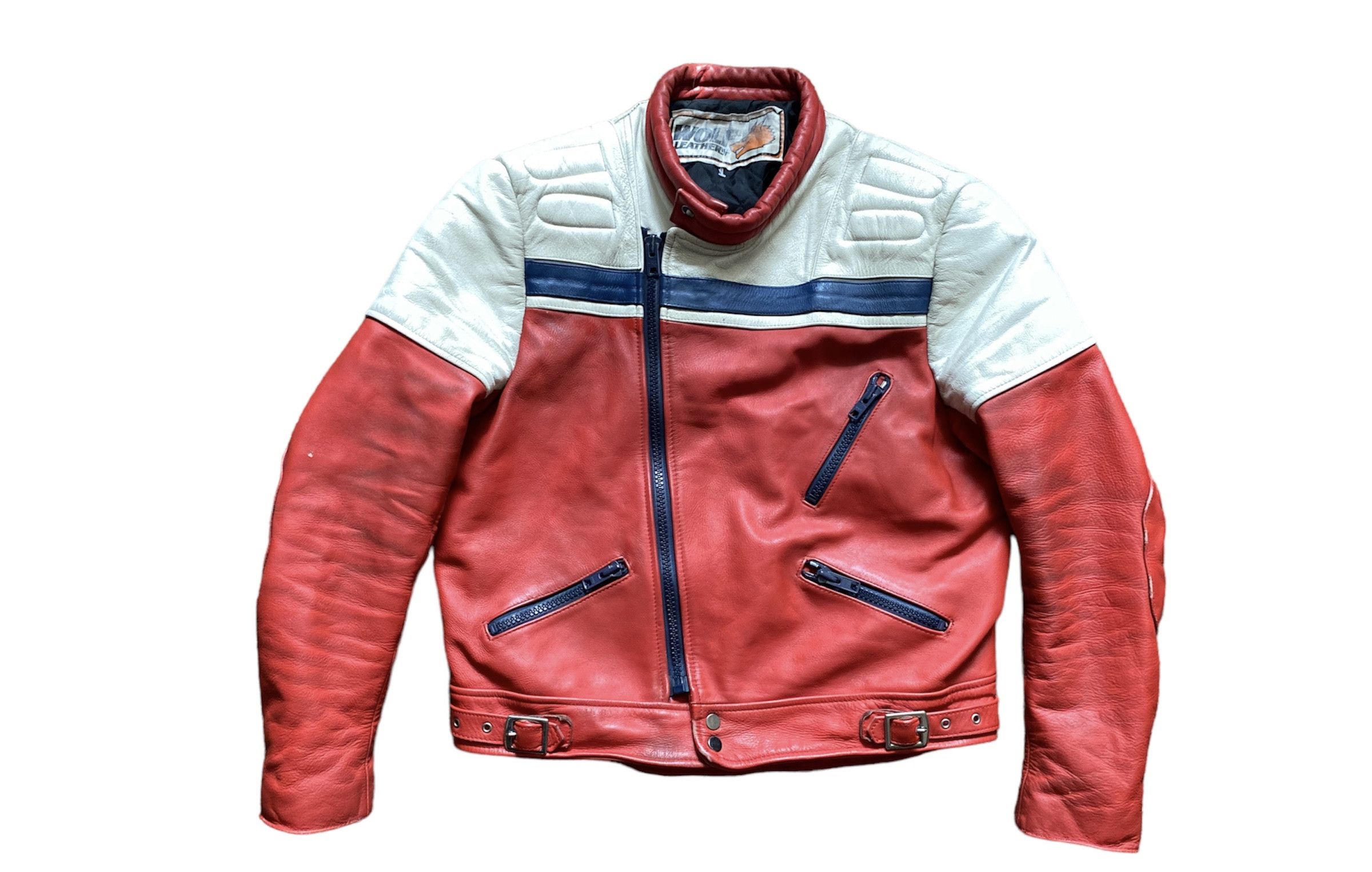 image of Genuine Leather x Leather Jacket Vintage Uk 80's Wolf Leathers Biker Jacket Cafe Racer in White Red