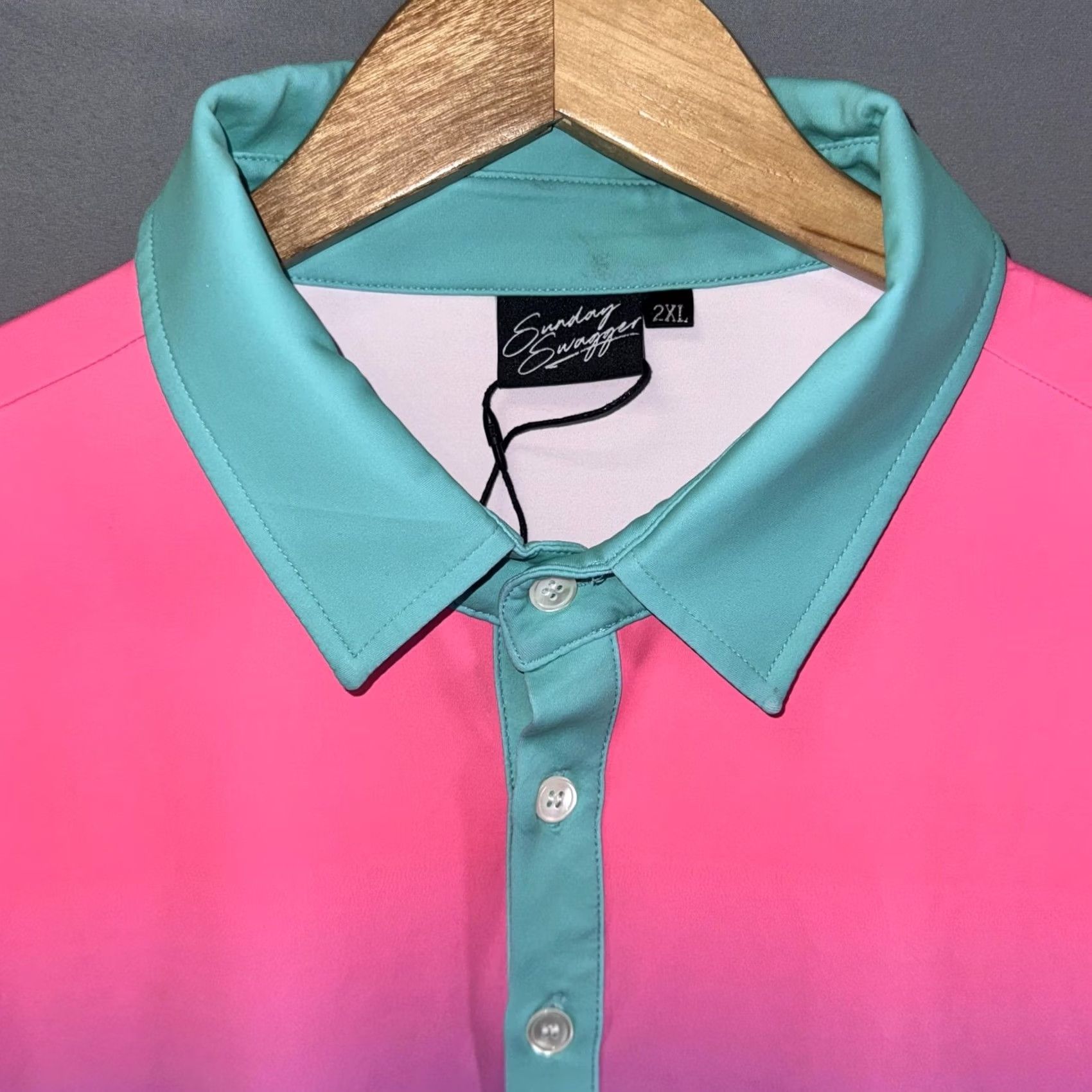 Vintage Sunday Swagger Polo Shirt Mens 2XL Pink Blue Ombre Palm Graphic Print Golf Tropical Beach Size US XXL / EU 58 / 5 - 5 Thumbnail