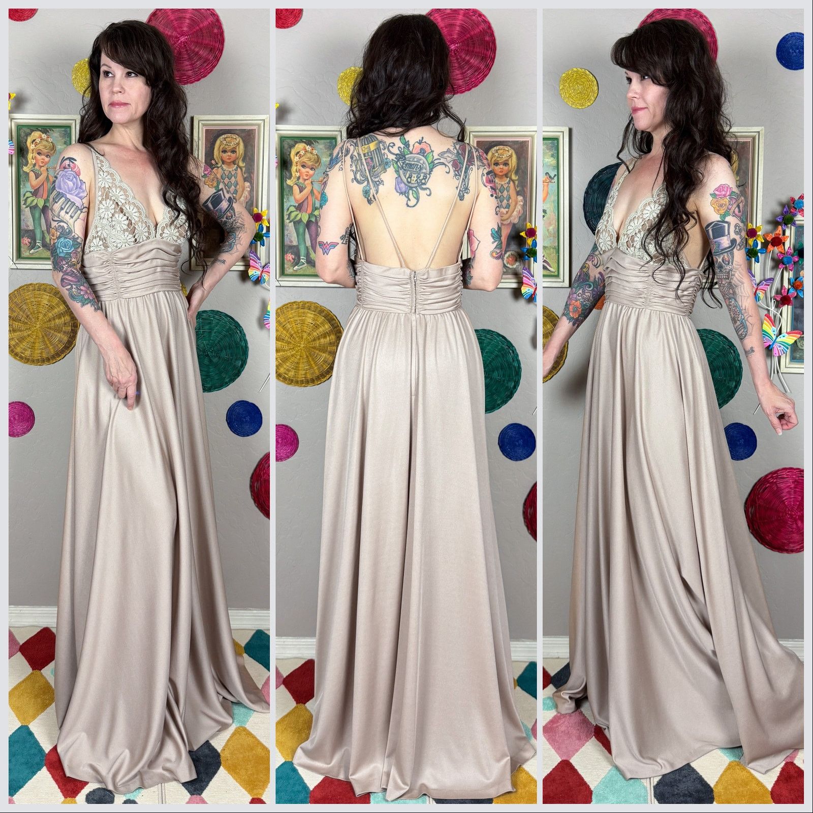 Vintage 1970s Taupe Illusion Floral Lace Strappy Backless Gown Size S / US 4 / IT 40 - 2 Thumbnail