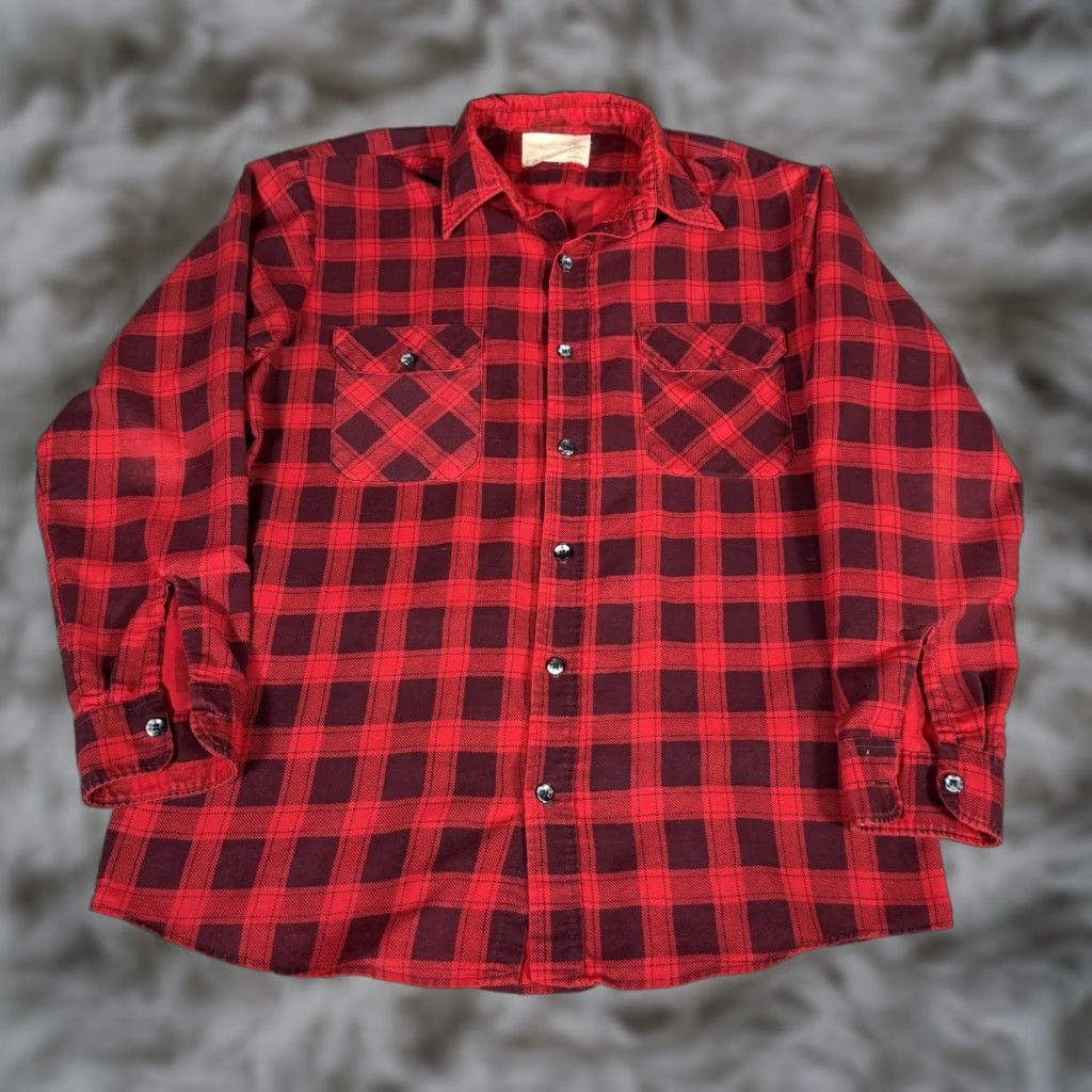 Sears VINTAGE Sears Fieldmaster Flannel Shirt Mens LT Red 80s Lightweight Button-Up Casual Plaid Long Sleeve Cotton Polyester Big & Tall Size US L / EU 52-54 / 3 - 1 Thumbnail