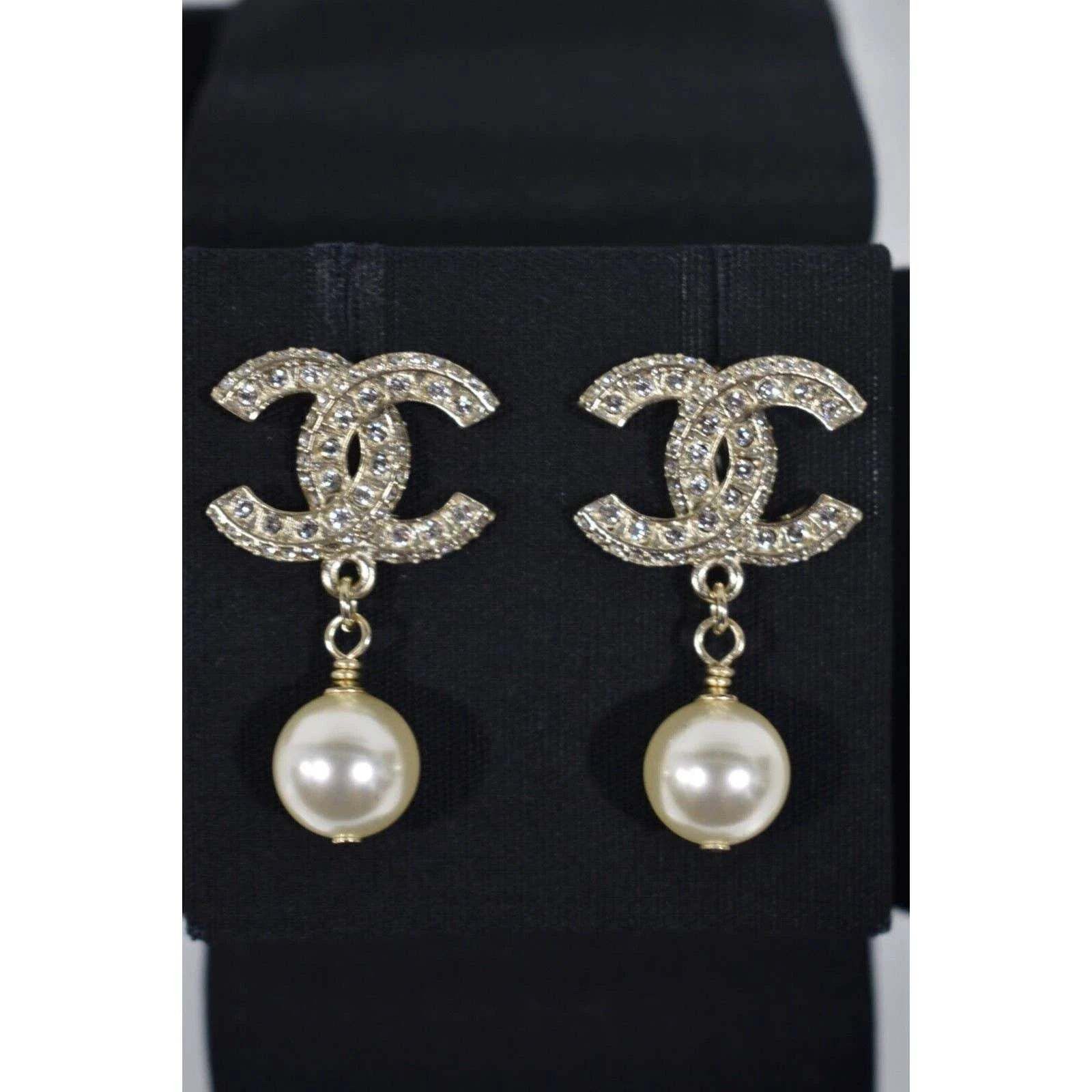 Chanel Chanel Gold Resin Crystal Pearl Statement Stud Drop Earrings Size ONE SIZE - 4 Thumbnail