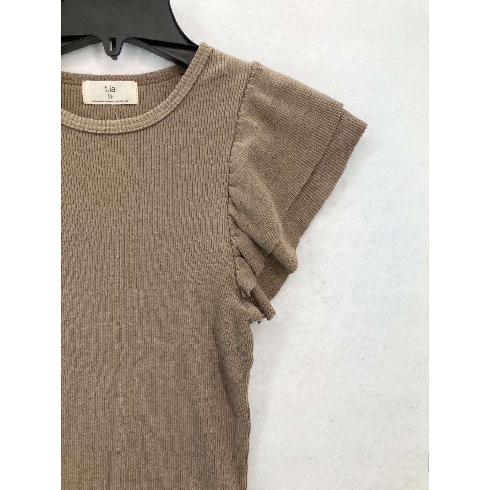 Anthropologie T.La Anthropologie Ribbed Ruffle Sleeve Top Women's XS Beige Knit Round Neck NWT Shirt Size XS / US 0-2 / IT 36-38 - 3 Thumbnail