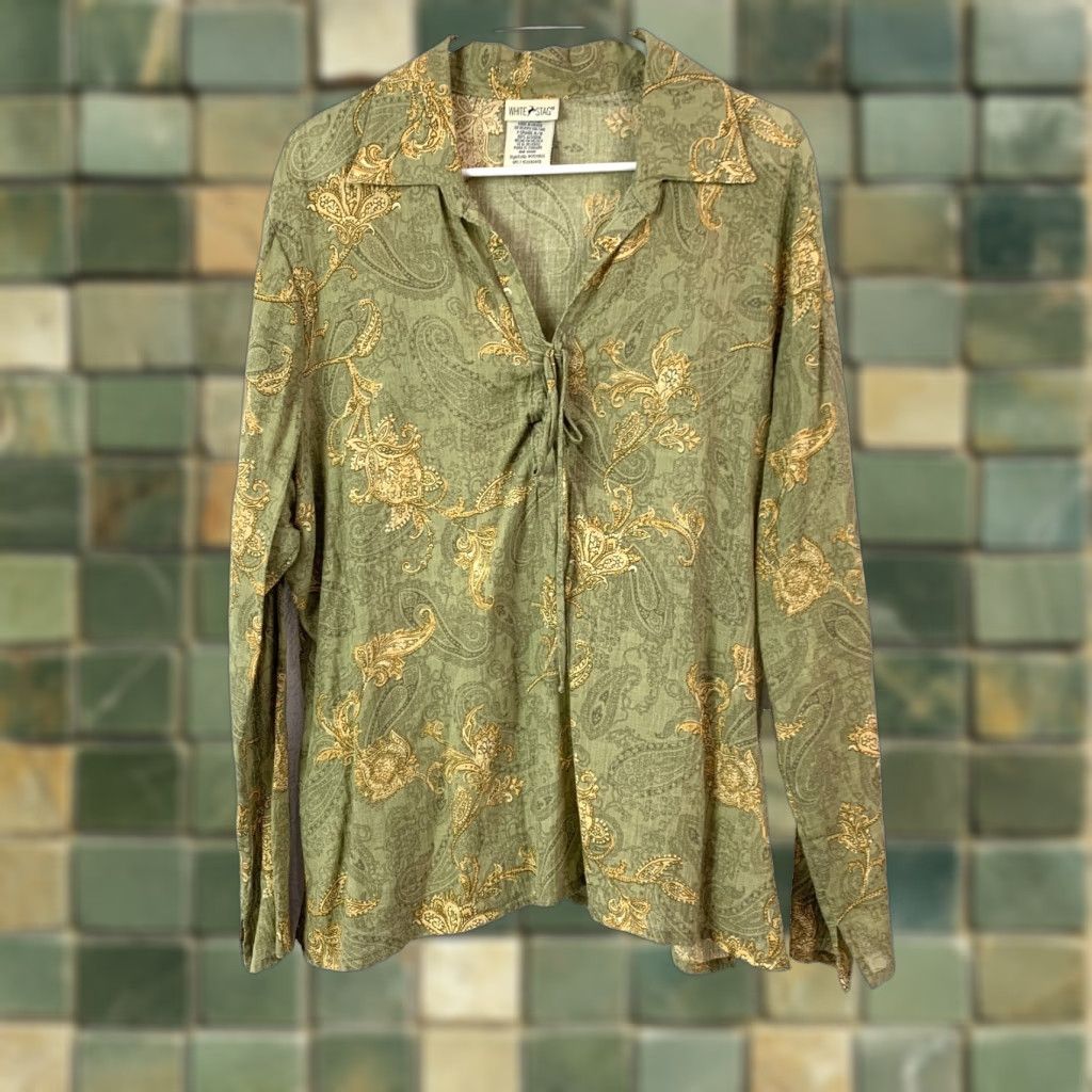 Vintage VINTAGE White Stag Shirt Blouse Paisley Boho Long Sleeve Collared XL Womens Green 100% Cotton Shirt Blouse Boho 90s Size XL / US 12-14 / IT 48-50 - 1 Thumbnail