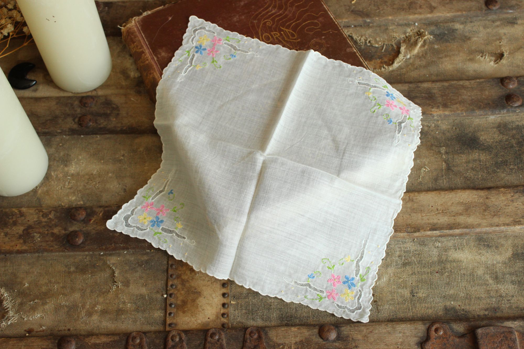 Vintage Vintage Handkerchief, Pink Blue and Yellow Flower Embroidery Size ONE SIZE - 5 Thumbnail
