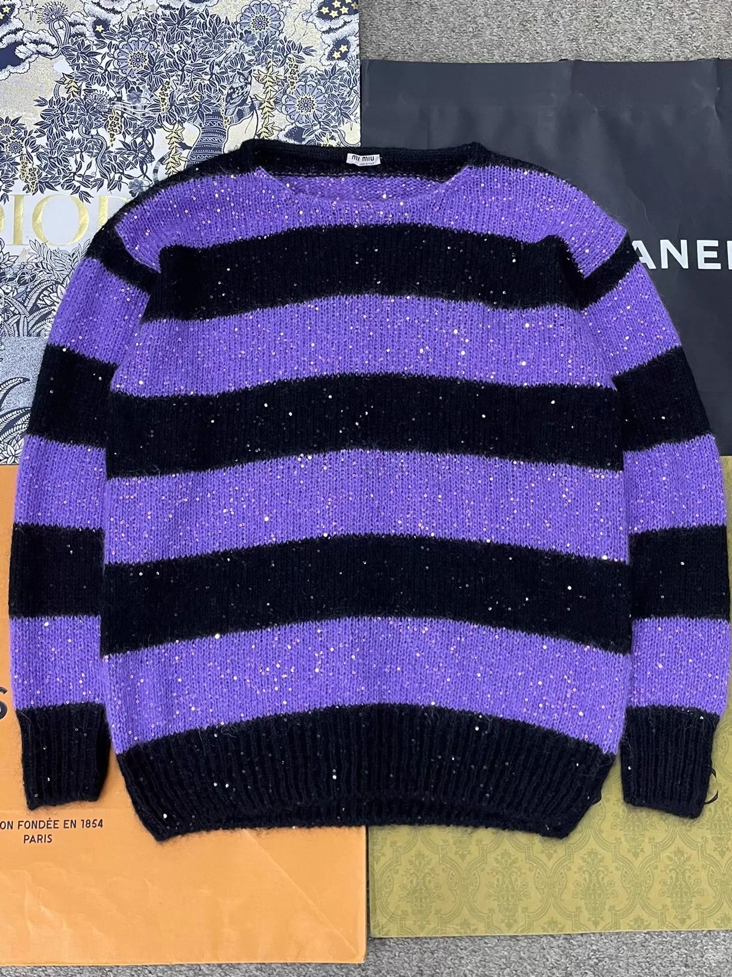 Miu Miu MIU MIU Purple-Black Colorblock Sequin-Stripe Sweater 38 Size XS / US 0-2 / IT 36-38 - 1 Thumbnail