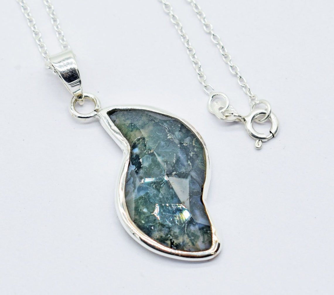 Handmade Natural Green Moss Agate Necklace 925K Silver Pendant 18" Size ONE SIZE - 4 Thumbnail