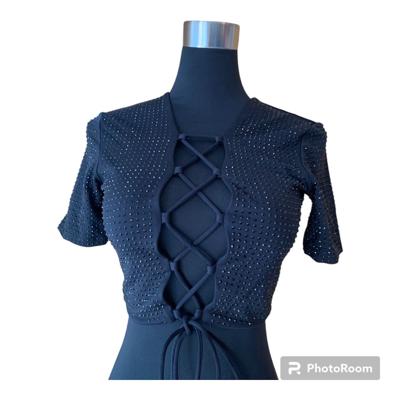 Vintage Y2K Hand Beaded Black Gemstone Crop Top with Ties Size M / US 6-8 / IT 42-44 - 3 Thumbnail