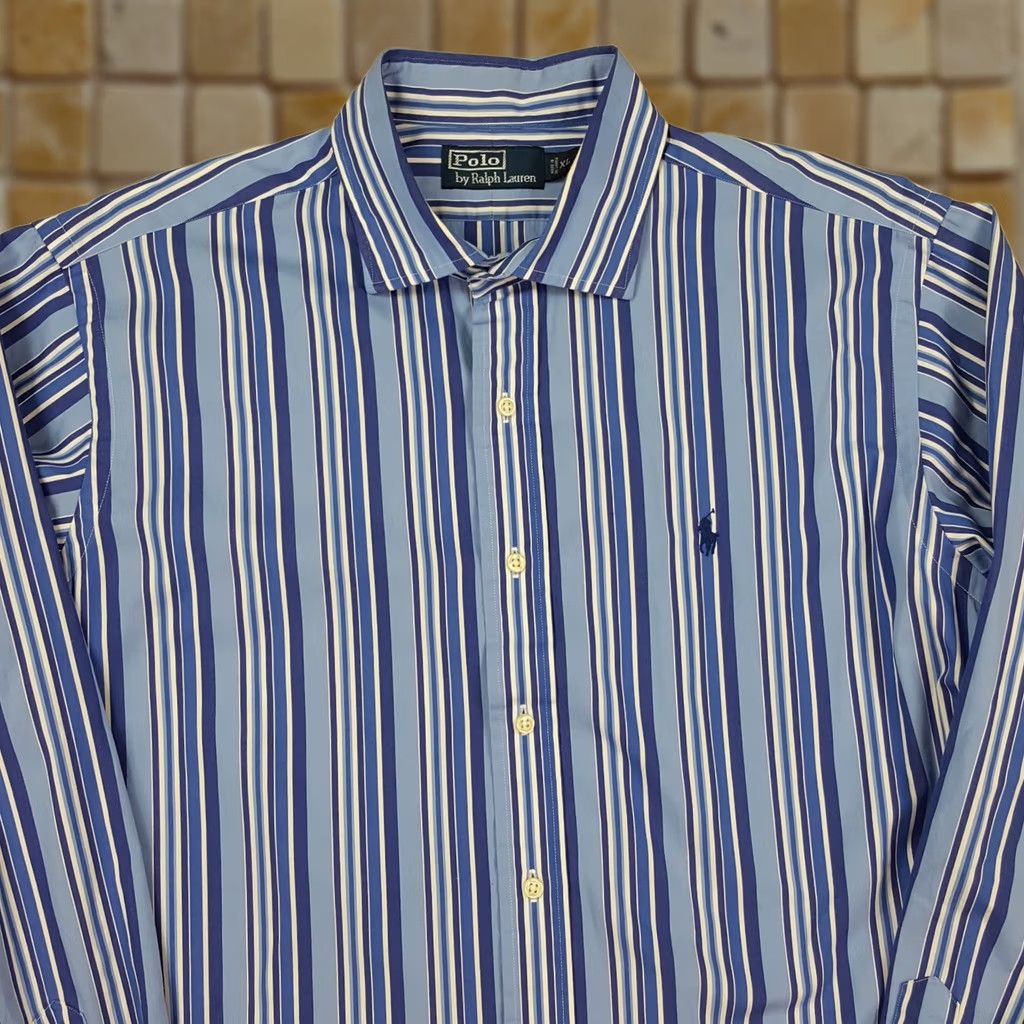 Polo Ralph Lauren VINTAGE Polo Ralph Lauren Blue Striped Button-Up Shirt XL Men’s Collared Long Sleeve Dress Shirt Size 46R - 1 Thumbnail