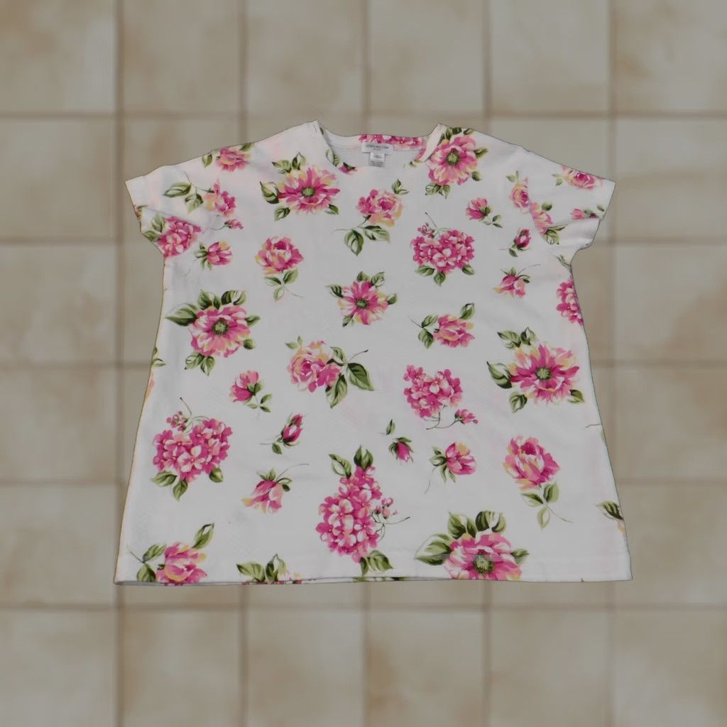 Jones New York Jones New York top Womens L Cotton Floral crew neck pullover Casual Pink / White Short Sleeve Non-Iron Regular Fit Size L / US 10 / IT 46 - 1 Thumbnail