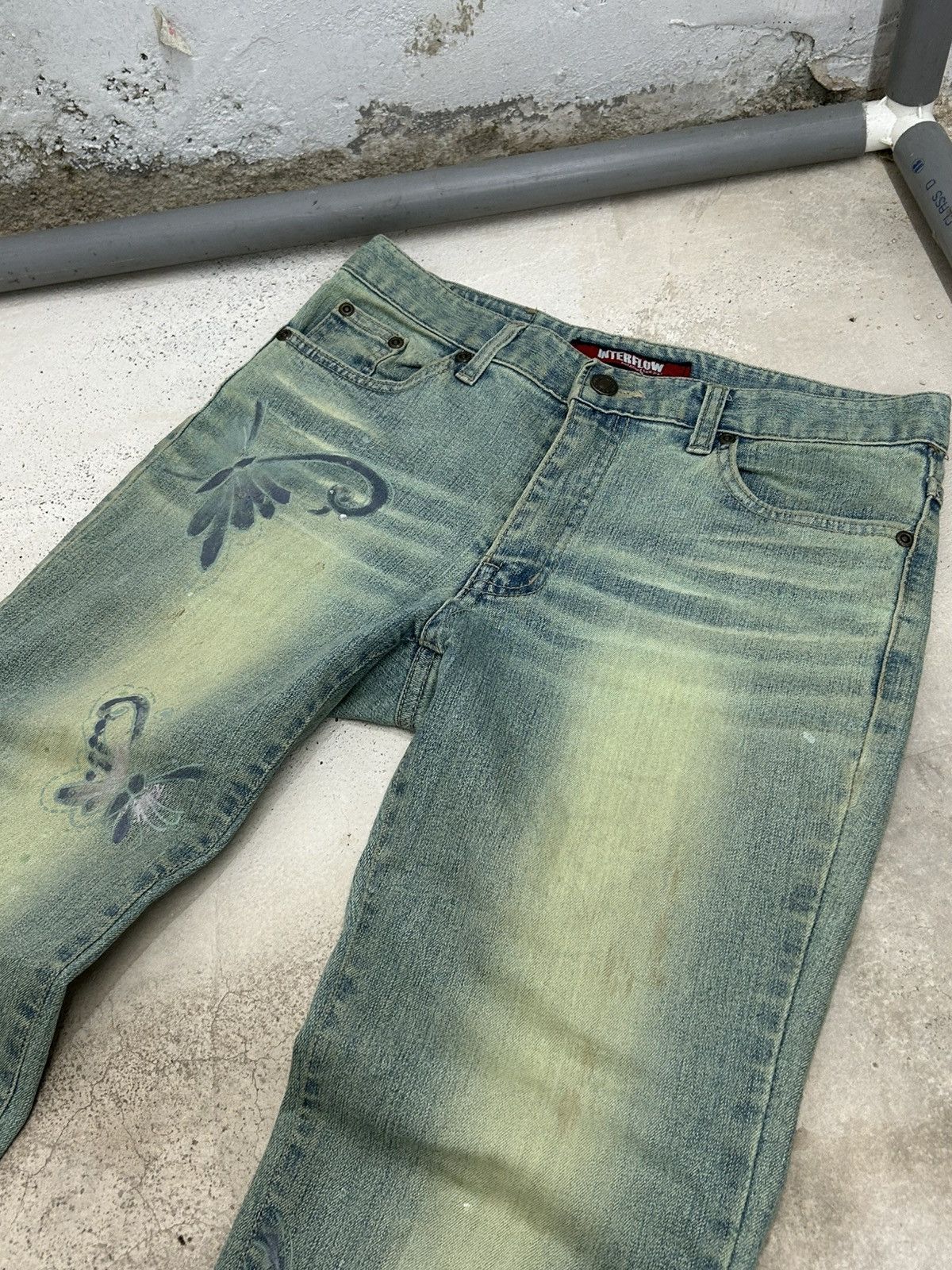 GOSTAR DE FUGA × Japanese Brand Interlow Unisex Jean Flare Mud Light Art Butterfly Paint Size US 29 - 9 Thumbnail
