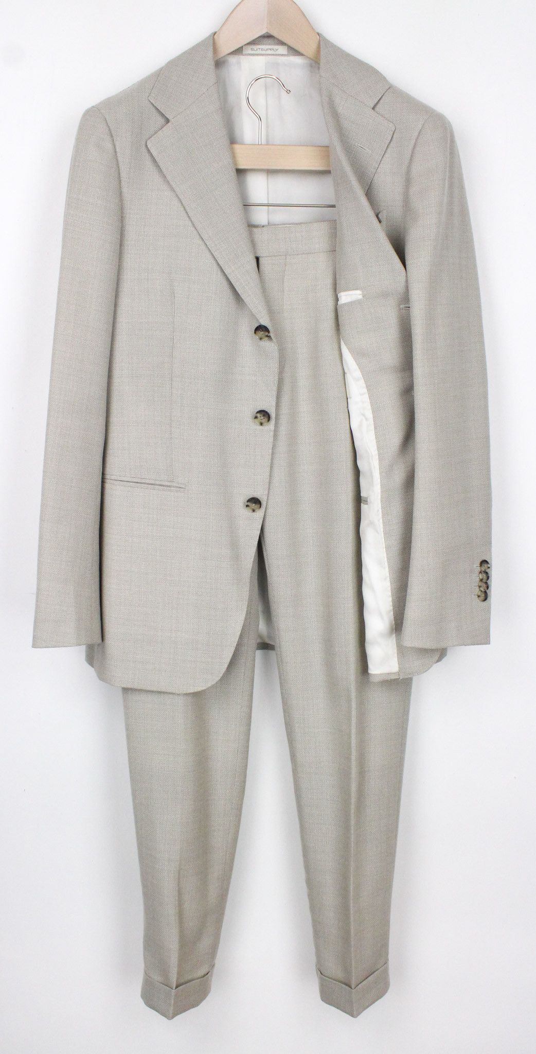 image of Suitsupply Havana Jetted Uk38R Wool Beige Slim Suit 72263, Men's